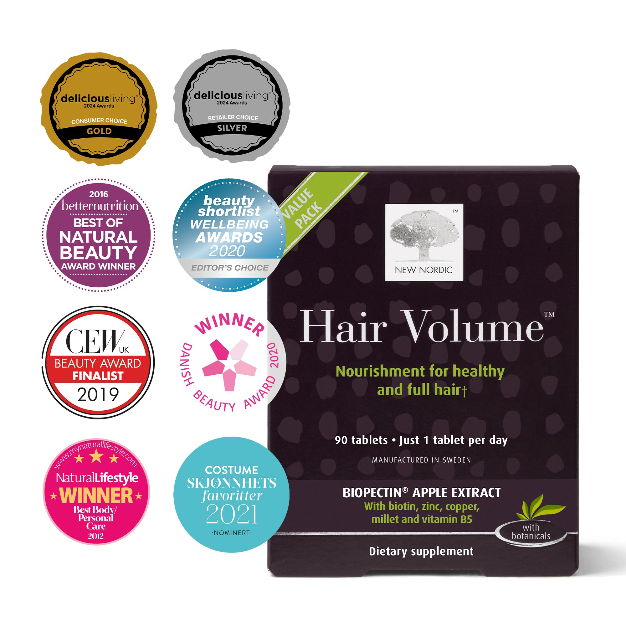 NEW NORDIC Hair Volume Tablets, 3000 mcg Biotin & Biopectin Apple Extract, Hair Vitamins to Support Natural Hair Growth, 90 Count (Pack of 1) - TrustMedUSA