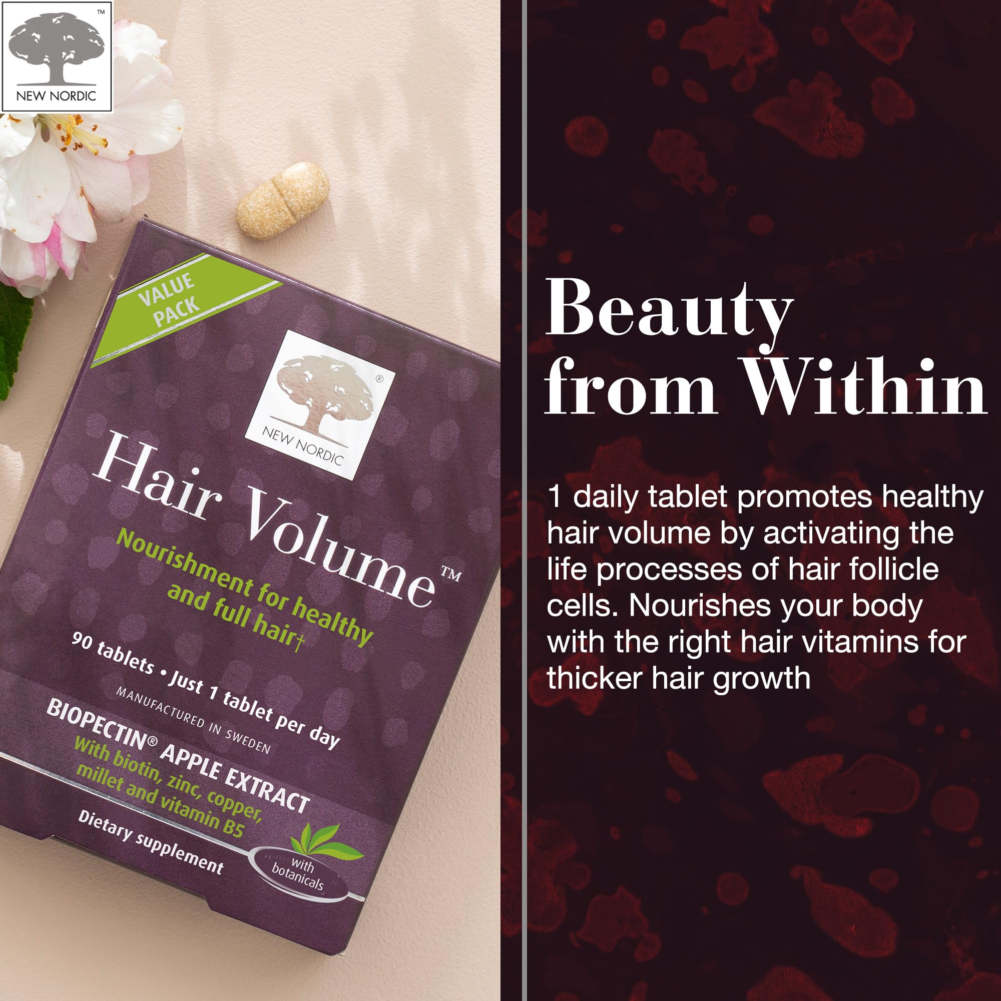 NEW NORDIC Hair Volume Tablets, 3000 mcg Biotin & Biopectin Apple Extract, Hair Vitamins to Support Natural Hair Growth, 90 Count (Pack of 1) - TrustMedUSA