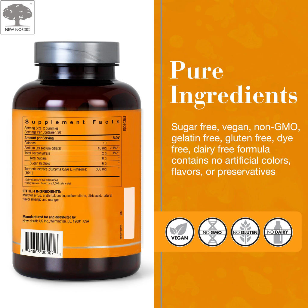 NEW NORDIC Turmeric Curcumin Gummies, Sugar Free, 300 mg Turmeric Supplement for Men and Women, Supports Normally Functioning Joints, Knees, Shoulders, Mango Orange, 60 Count - TrustMedUSA