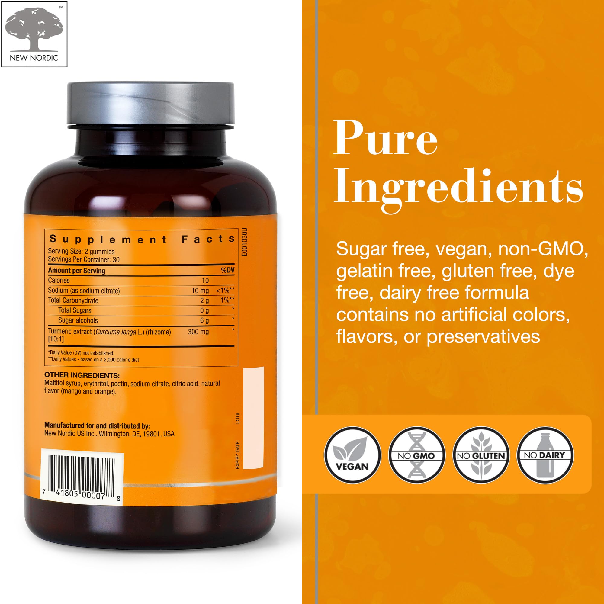 NEW NORDIC Turmeric Curcumin Gummies, Sugar Free, 300 mg Turmeric Supplement for Men and Women, Supports Normally Functioning Joints, Knees, Shoulders, Mango Orange, 60 Count - TrustMedUSA