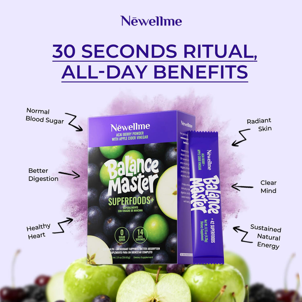 NEWELLME Balance Master Acai Apple Cider Vinegar Powder, Healthy Blood Sugar Support, Probiotics & Digestive Enzymes for Metabolic Support, Vegan Non-GMO, 14 Servings - TrustMedUSA