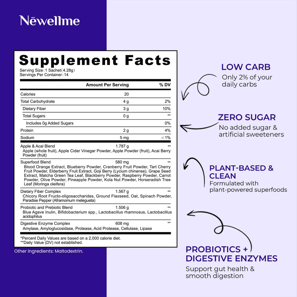 NEWELLME Balance Master Acai Apple Cider Vinegar Powder, Healthy Blood Sugar Support, Probiotics & Digestive Enzymes for Metabolic Support, Vegan Non-GMO, 14 Servings - TrustMedUSA