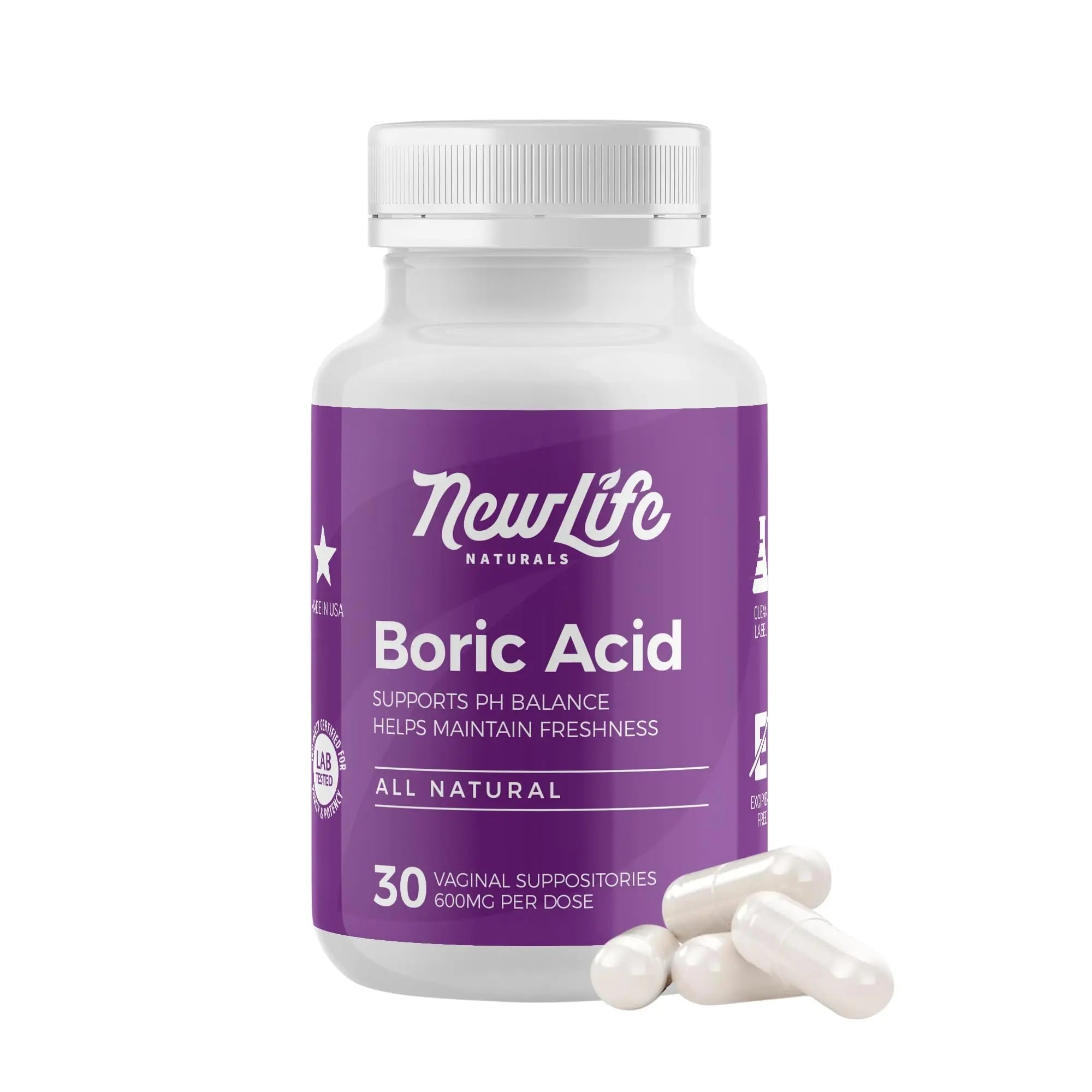 NewLife Naturals - Boric Acid Suppositories for Women pH Balance Pills - 600mg - Feminine Care - Vaginal Odor Itching Discharge BV | Made in USA | 30 Capsules - TrustMedUSA