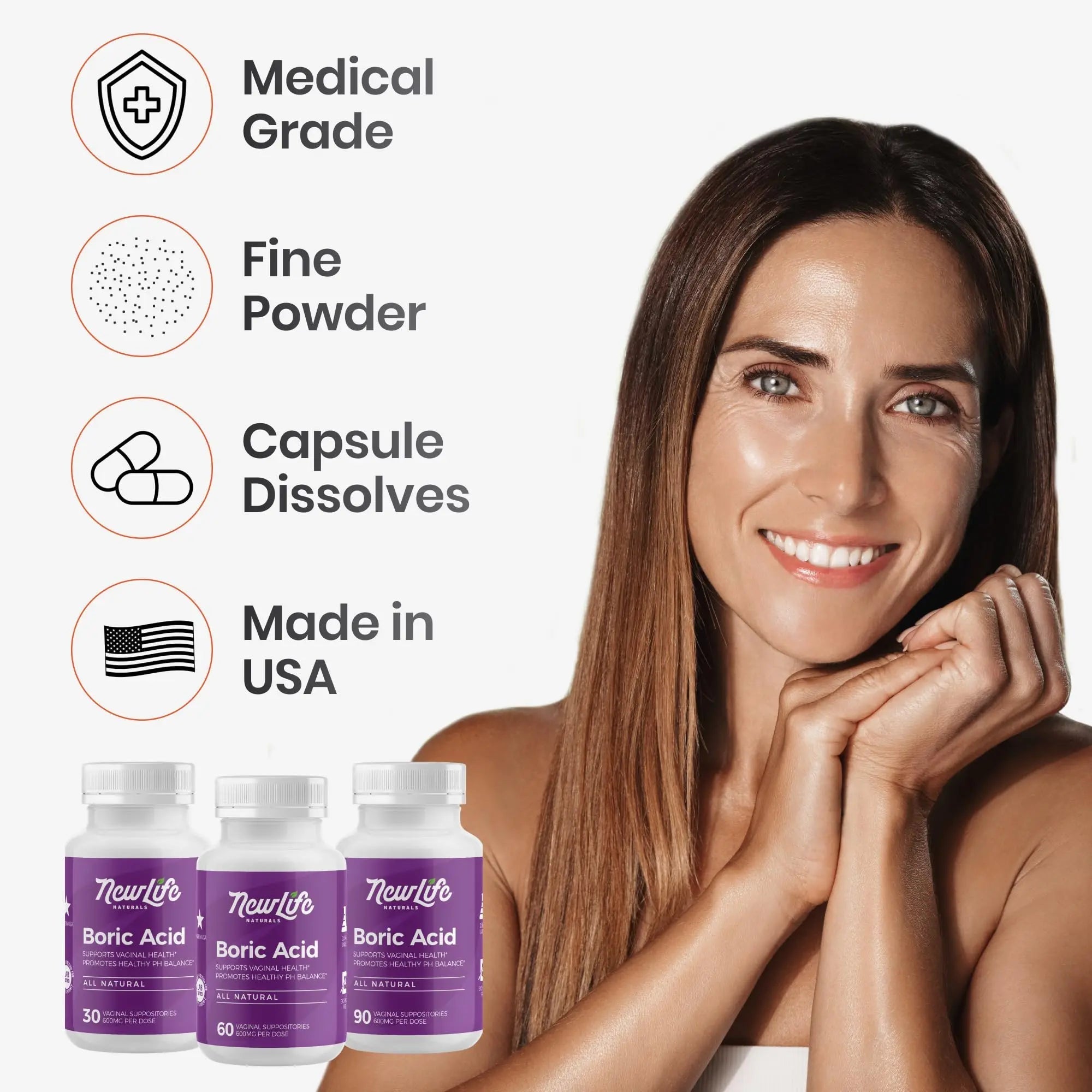 NewLife Naturals - Medical Grade Boric Acid Vaginal Suppositories - 600mg - 100% Pure Womens pH Balance Pills - Yeast Infection, BV - 90 Capsules: Made in USA - TrustMedUSA