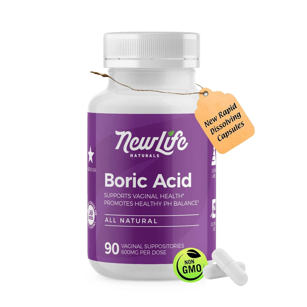 NewLife Naturals - Medical Grade Boric Acid Vaginal Suppositories - 600mg - 100% Pure Womens pH Balance Pills - Yeast Infection, BV - 90 Capsules: Made in USA - TrustMedUSA