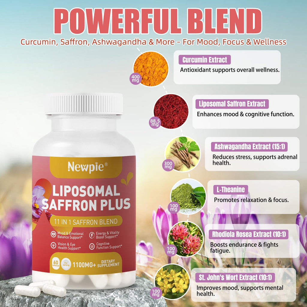 Newpie Saffron Supplements - 100% Pure Saffron Extract Capsules - Natural Mood Enhancer, Supports Eye & Heart Health, Boosts Energy - Premium Supplement for Women & Men（60 Servings (2) - TrustMedUSA