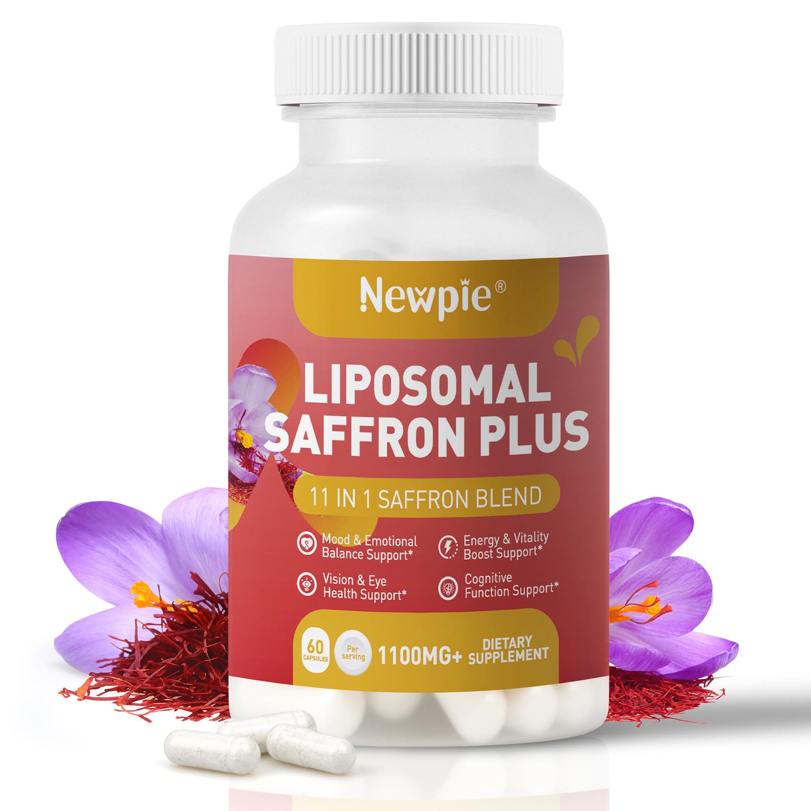 Newpie Saffron Supplements - 100% Pure Saffron Extract Capsules - Natural Mood Enhancer, Supports Eye & Heart Health, Boosts Energy - Premium Supplement for Women & Men（60 Servings (1) - TrustMedUSA