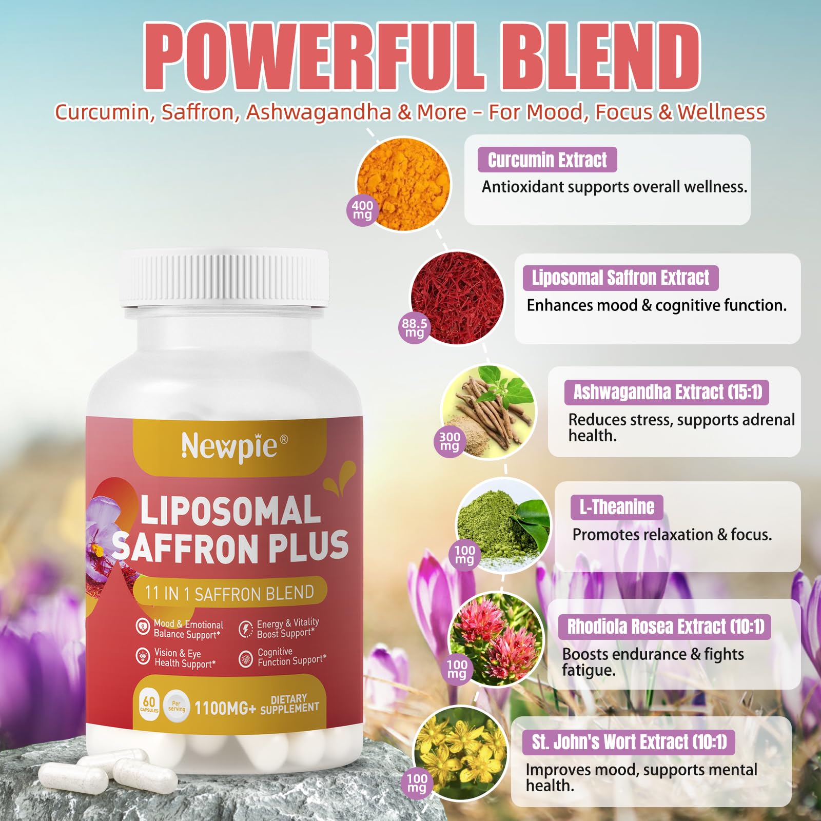 Newpie Saffron Supplements - 100% Pure Saffron Extract Capsules - Natural Mood Enhancer, Supports Eye & Heart Health, Boosts Energy - Premium Supplement for Women & Men（60 Servings (1) - TrustMedUSA