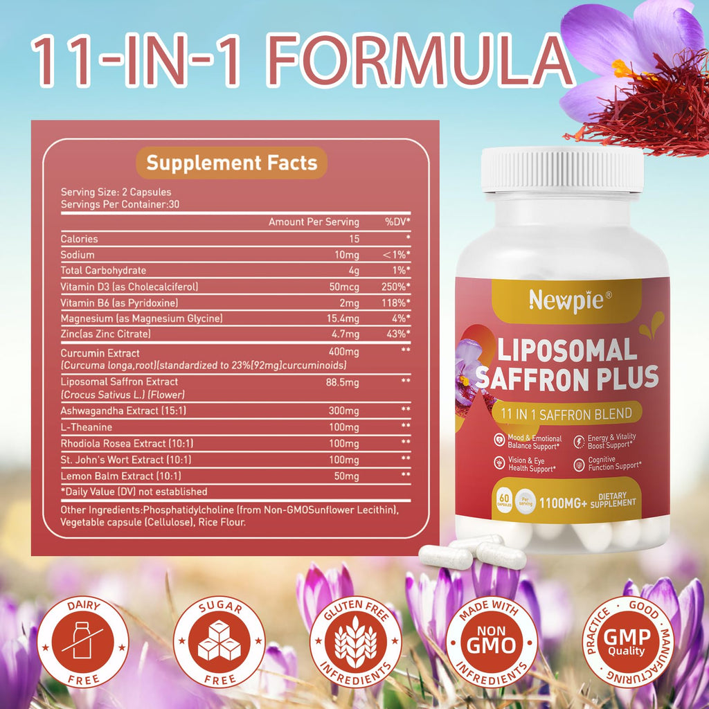 Newpie Saffron Supplements - 100% Pure Saffron Extract Capsules - Natural Mood Enhancer, Supports Eye & Heart Health, Boosts Energy - Premium Supplement for Women & Men（60 Servings (2) - TrustMedUSA