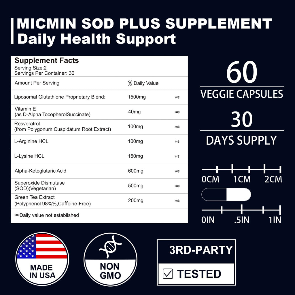 NICMIN 500MG Superoxide Dismutase Supplement - SOD Plus with Liposomal Glutathione, AKG, Green Tea Extract, L-Arginine, Lysine, Resveratrol and Vitamin E for Immune Support, Antioxidant 120 Capsules - TrustMedUSA