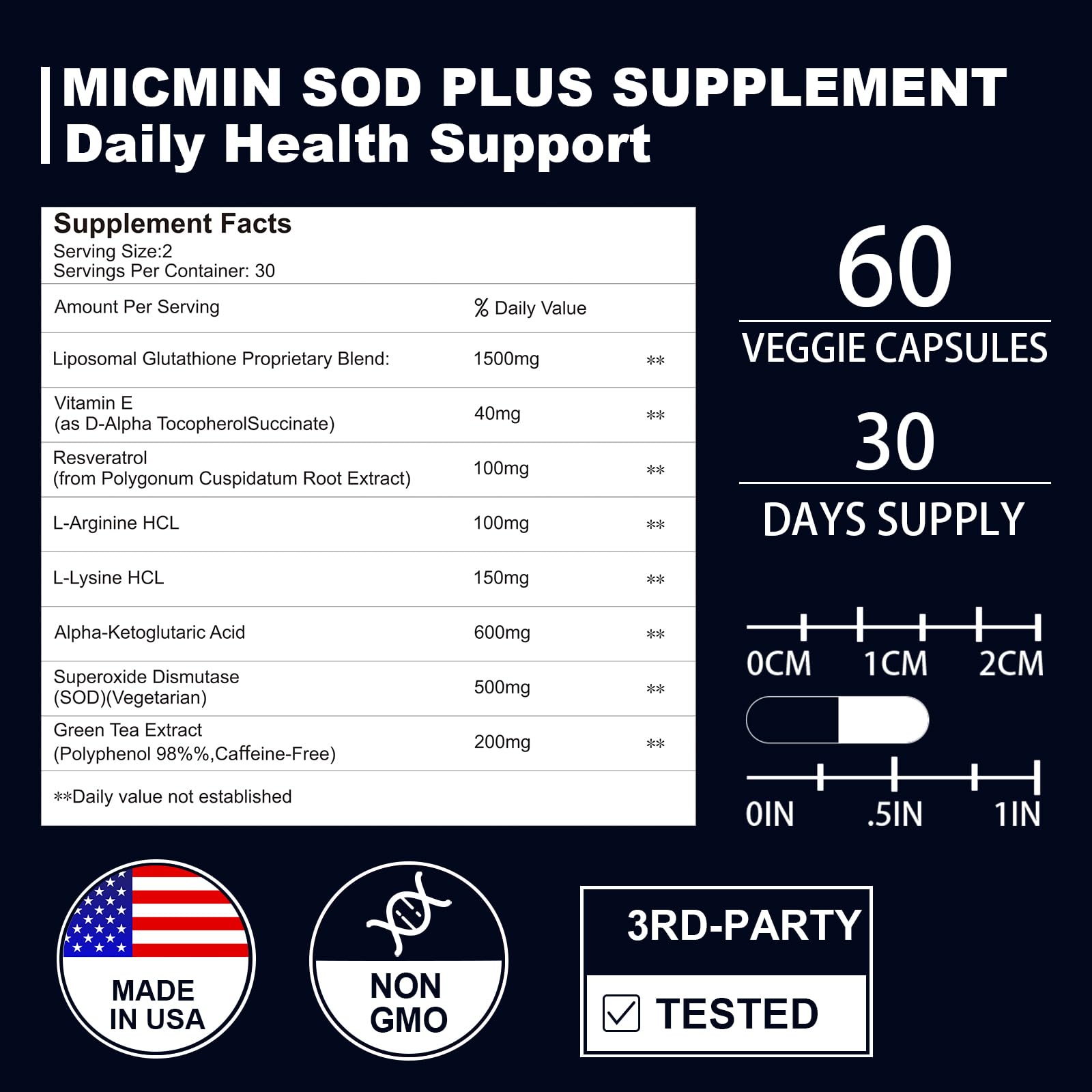 NICMIN 500MG Superoxide Dismutase Supplement - SOD Plus with Liposomal Glutathione, AKG, Green Tea Extract, L-Arginine, Lysine, Resveratrol and Vitamin E for Immune Support, Antioxidant 120 Capsules - TrustMedUSA