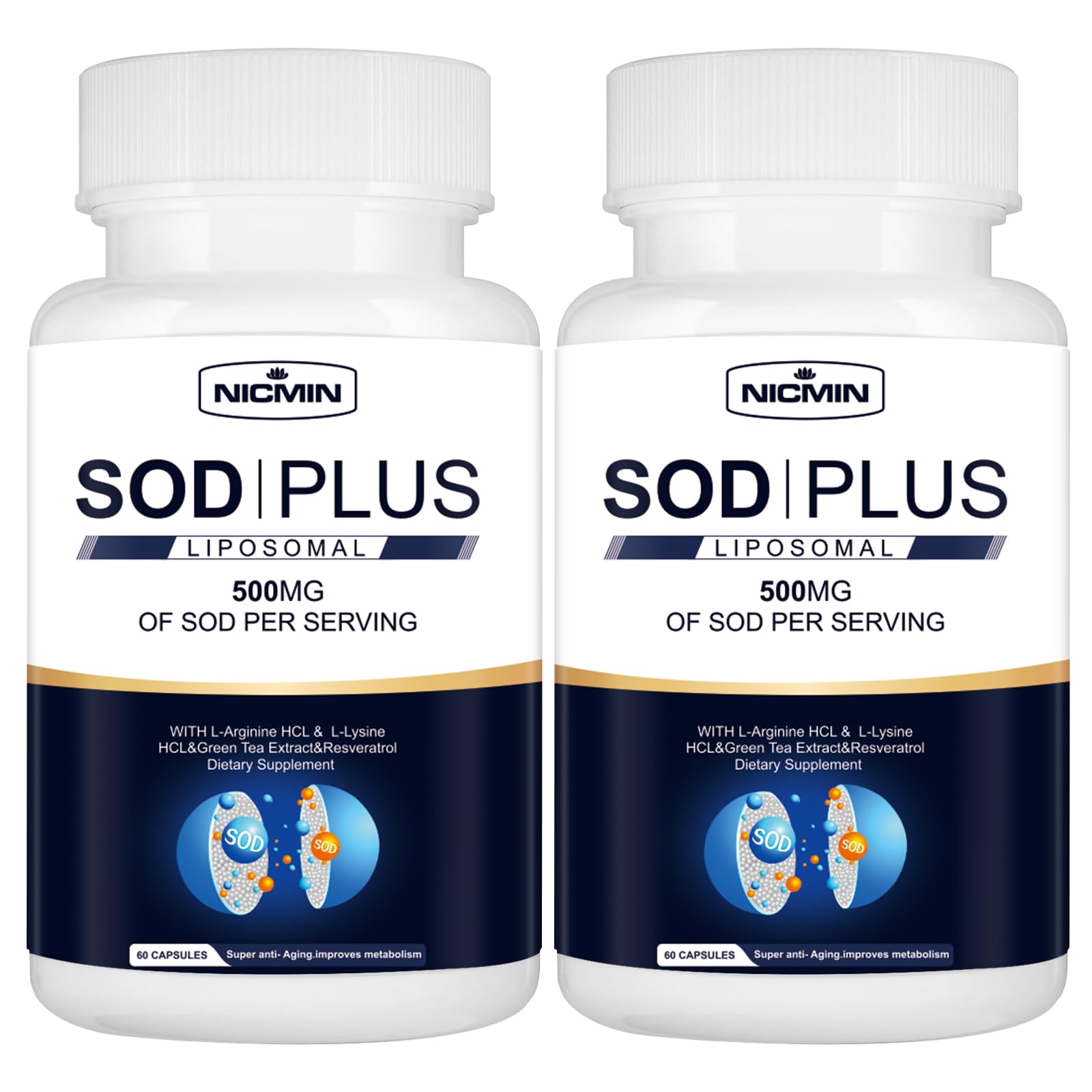 NICMIN 500MG Superoxide Dismutase Supplement - SOD Plus with Liposomal Glutathione, AKG, Green Tea Extract, L-Arginine, Lysine, Resveratrol and Vitamin E for Immune Support, Antioxidant 120 Capsules - TrustMedUSA
