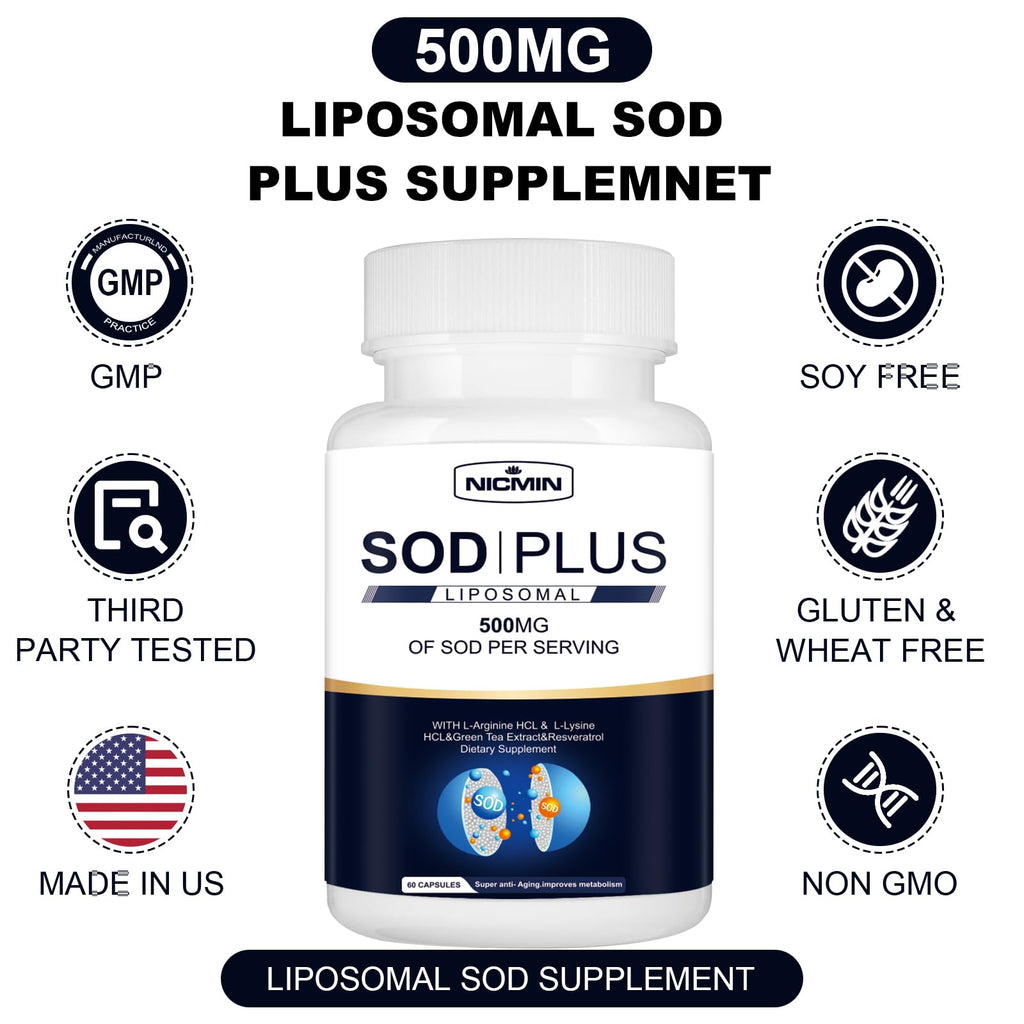 NICMIN 500MG Superoxide Dismutase Supplement - SOD Plus with Liposomal Glutathione, AKG, Green Tea Extract, L-Arginine, Lysine, Resveratrol and Vitamin E for Immune Support, Antioxidant 120 Capsules - TrustMedUSA