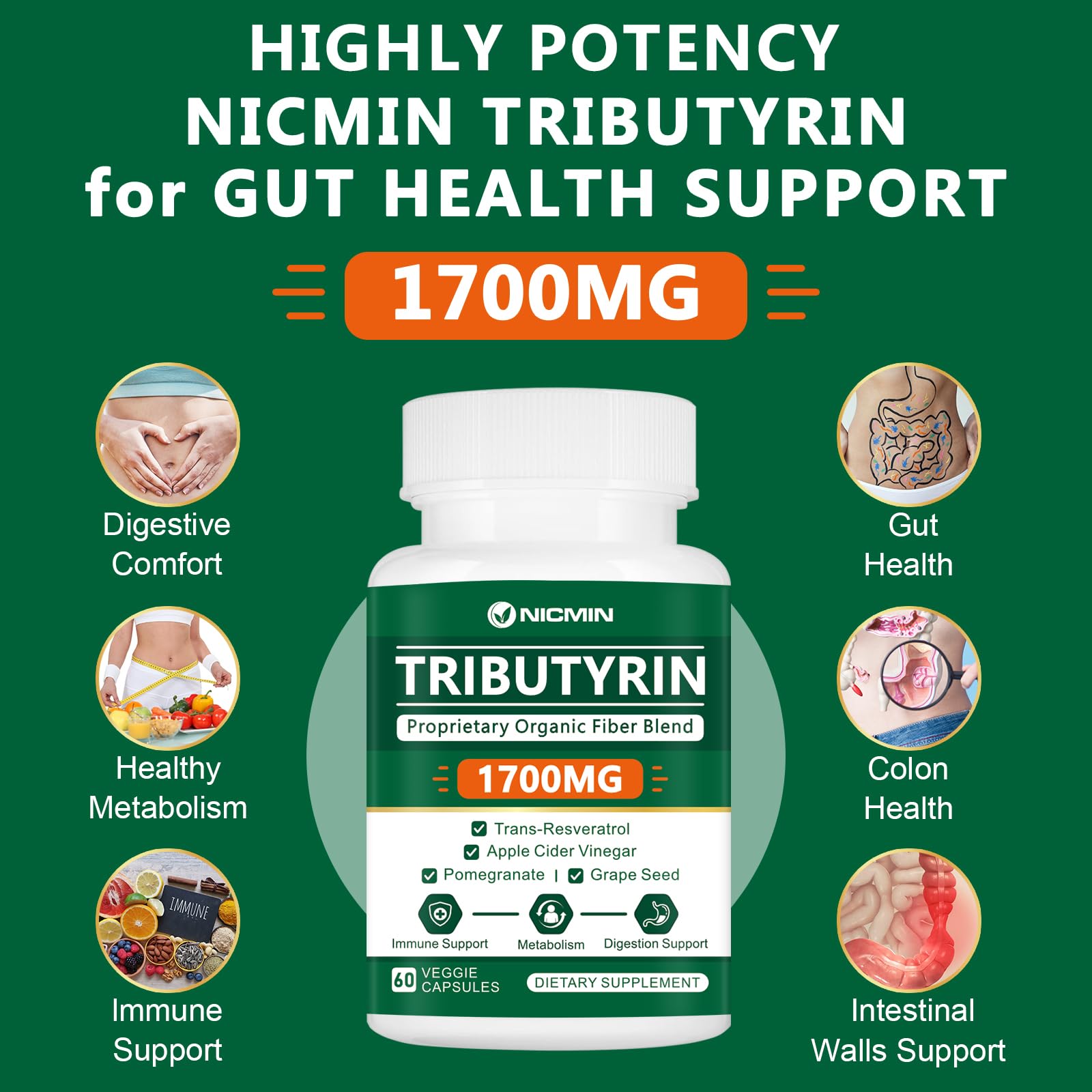 NICMIN Tributyrin Supplement - Premium Butyrate Gut Health Supplement for Leaky Gut 60 Capsules - TrustMedUSA