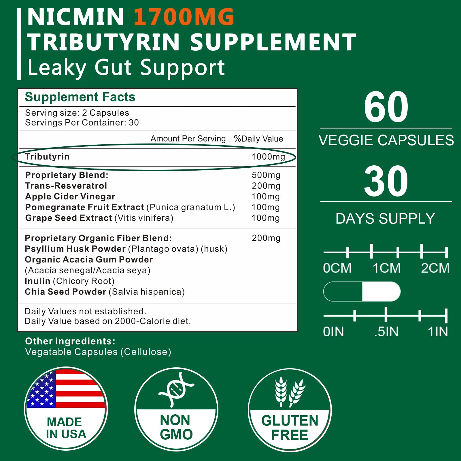 NICMIN Tributyrin Supplement - Premium Butyrate Gut Health Supplement for Leaky Gut 60 Capsules - TrustMedUSA