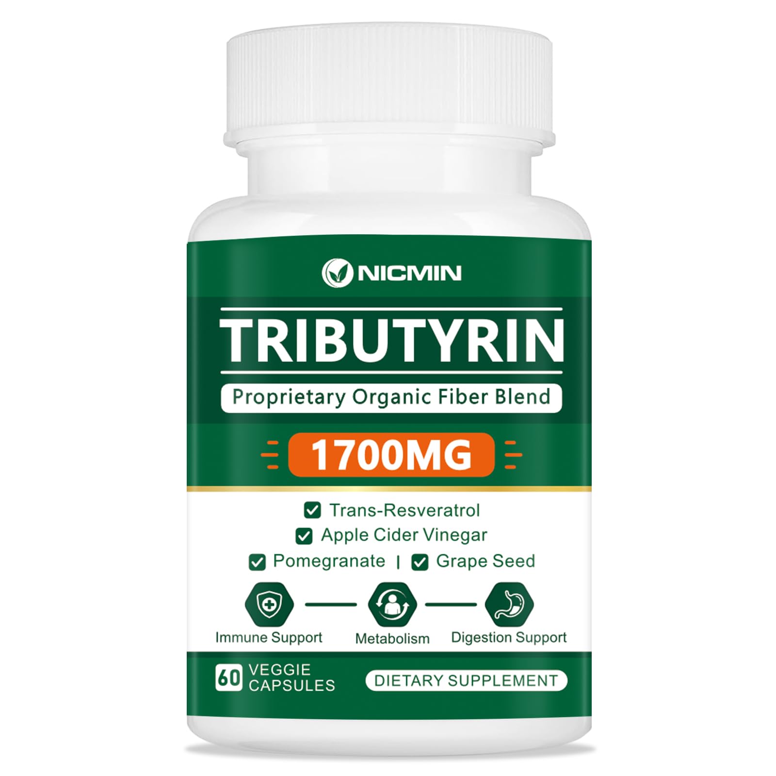 NICMIN Tributyrin Supplement - Premium Butyrate Gut Health Supplement for Leaky Gut 60 Capsules - TrustMedUSA