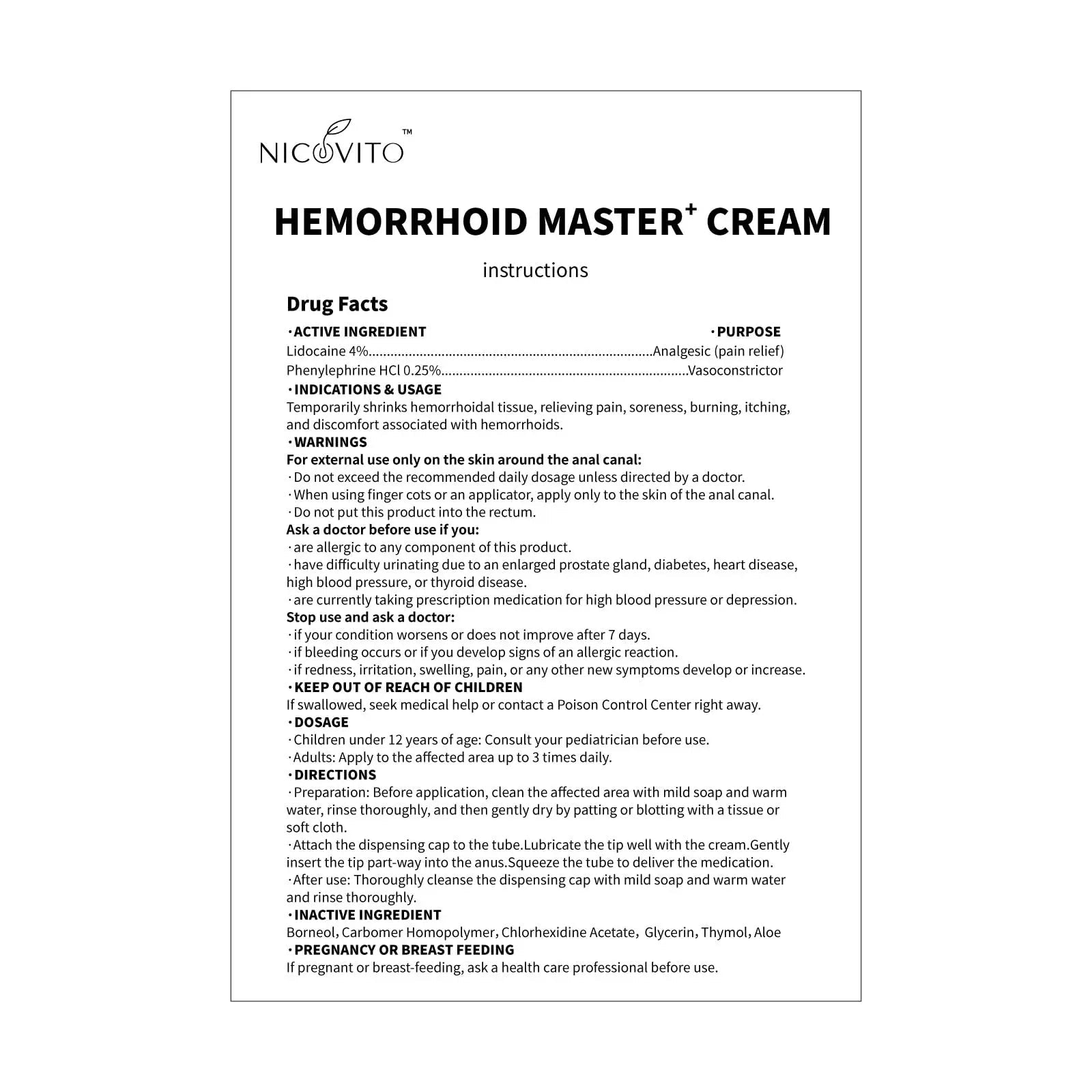 NICOVITO Hemorrhoid & Fissure Treatment Cream, 4% Lidocaine & Phenylephrine HCl Ointment, Maximum Strength Fast Relief for Pain, Itching & Swelling, External Use (0.7 oz) - TrustMedUSA