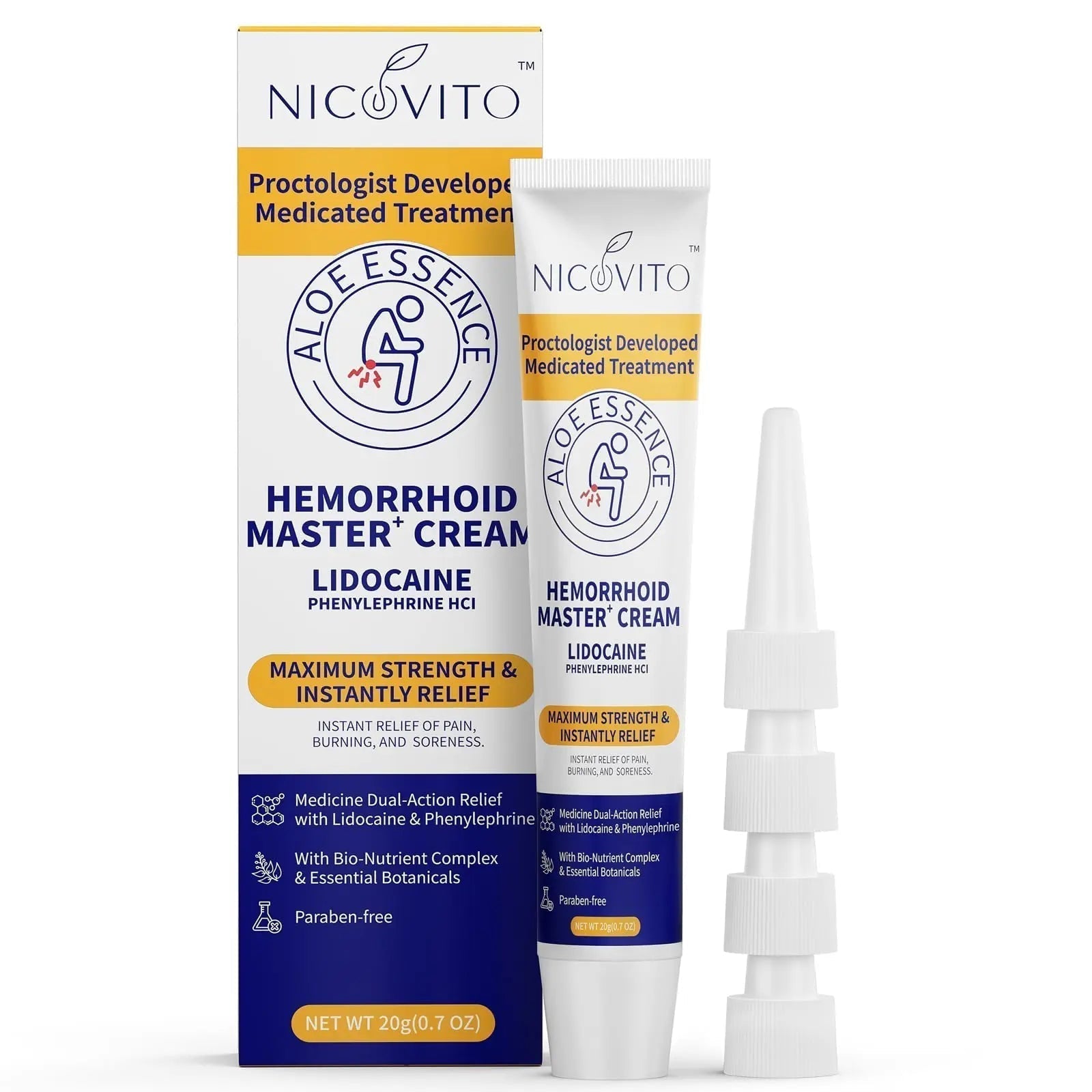 NICOVITO Hemorrhoid & Fissure Treatment Cream, 4% Lidocaine & Phenylephrine HCl Ointment, Maximum Strength Fast Relief for Pain, Itching & Swelling, External Use (0.7 oz) - TrustMedUSA