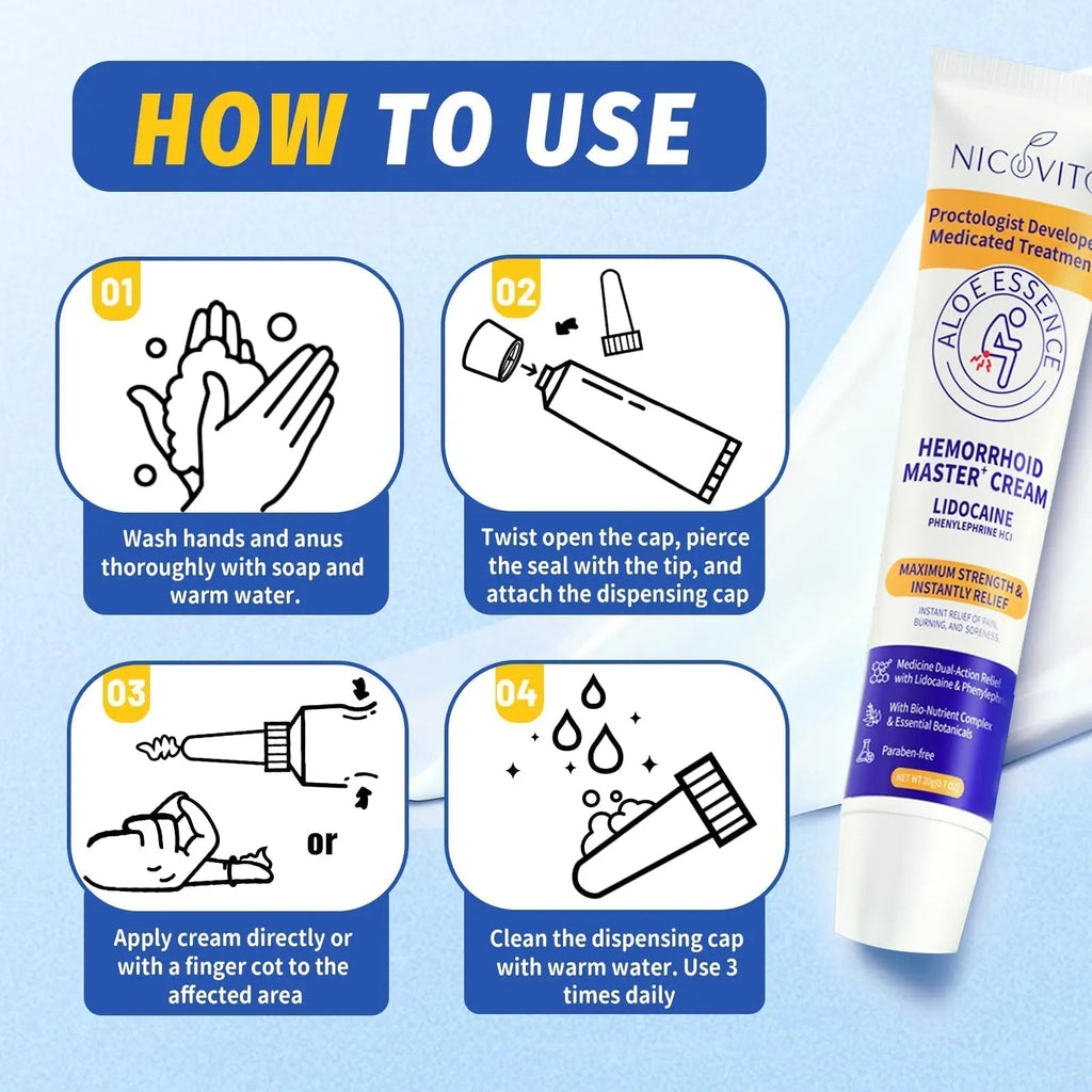 NICOVITO Hemorrhoid & Fissure Treatment Cream, 4% Lidocaine & Phenylephrine HCl Ointment, Maximum Strength Fast Relief for Pain, Itching & Swelling, External Use (0.7 oz) - TrustMedUSA