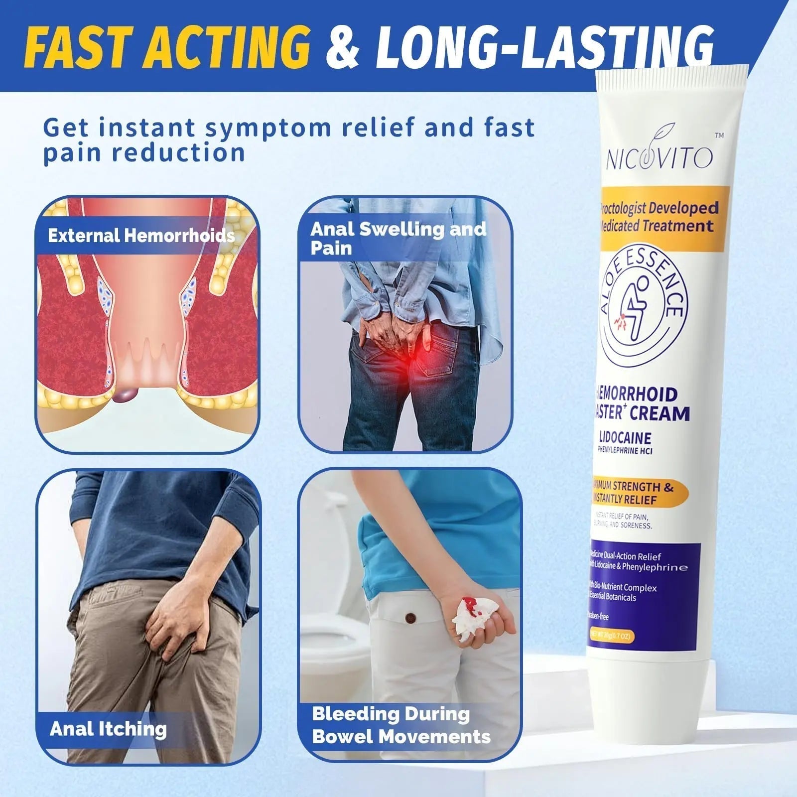NICOVITO Hemorrhoid & Fissure Treatment Cream, 4% Lidocaine & Phenylephrine HCl Ointment, Maximum Strength Fast Relief for Pain, Itching & Swelling, External Use (0.7 oz) - TrustMedUSA