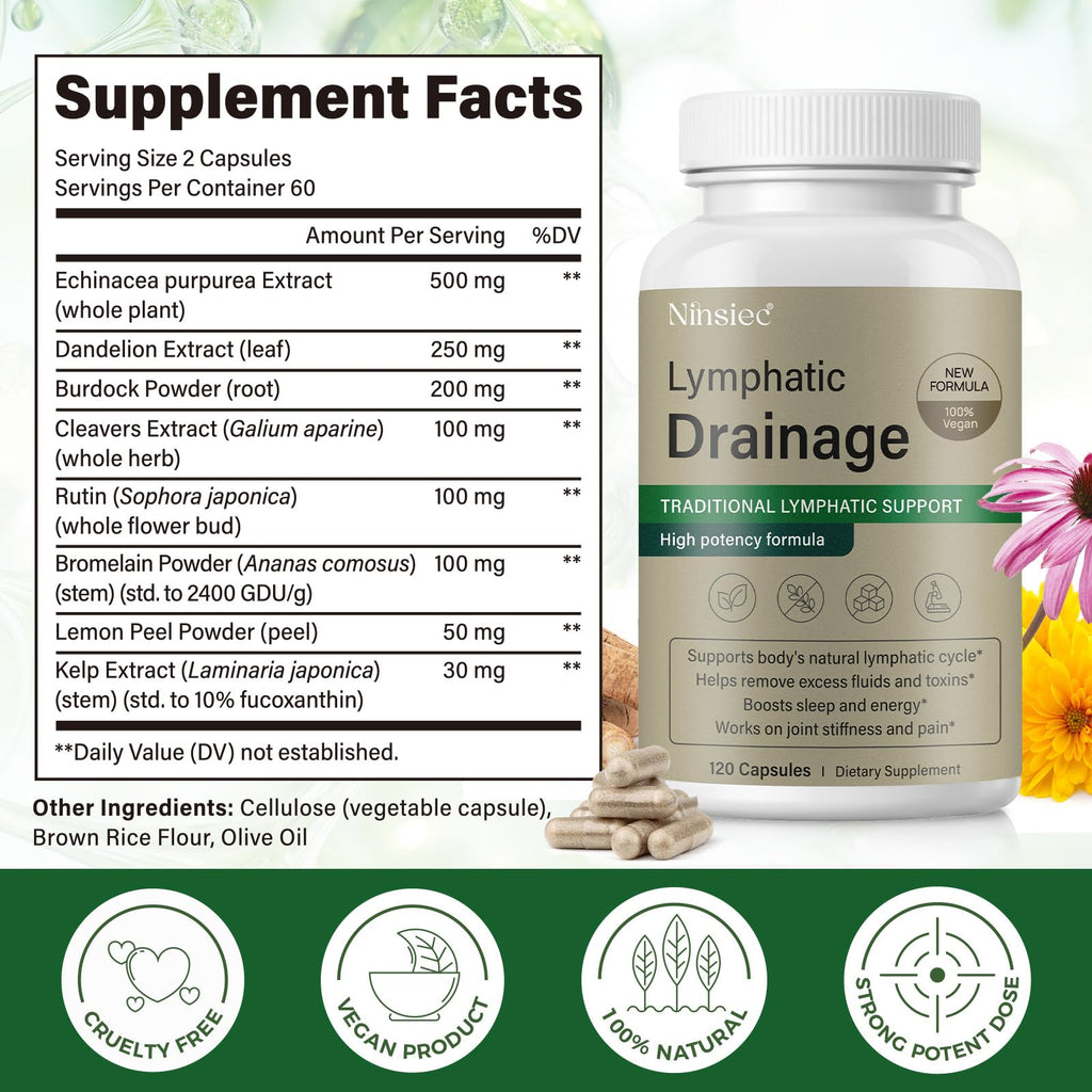 Ninsiec Lymphatic Drainage Supplements - Lymphatic Drainage Capsules for Immune Health,Supports Bloating & Daily Lymphatic Wellness, with Echinacea, Dandelion, and Burdock (120 Capsules) - Maple Wellness Supplements