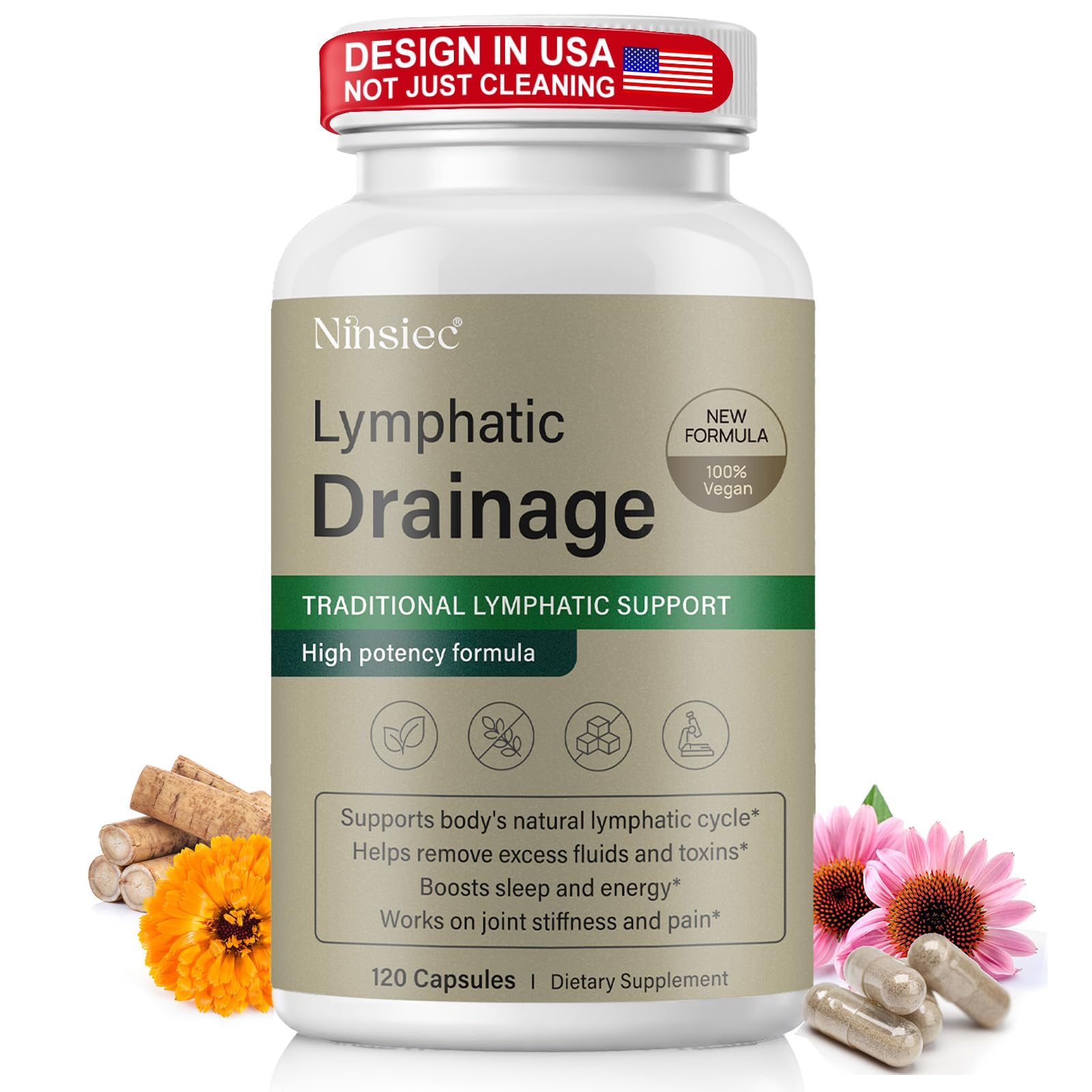 Ninsiec Lymphatic Drainage Supplements - Lymphatic Drainage Capsules for Immune Health,Supports Bloating & Daily Lymphatic Wellness, with Echinacea, Dandelion, and Burdock (120 Capsules) - Maple Wellness Supplements