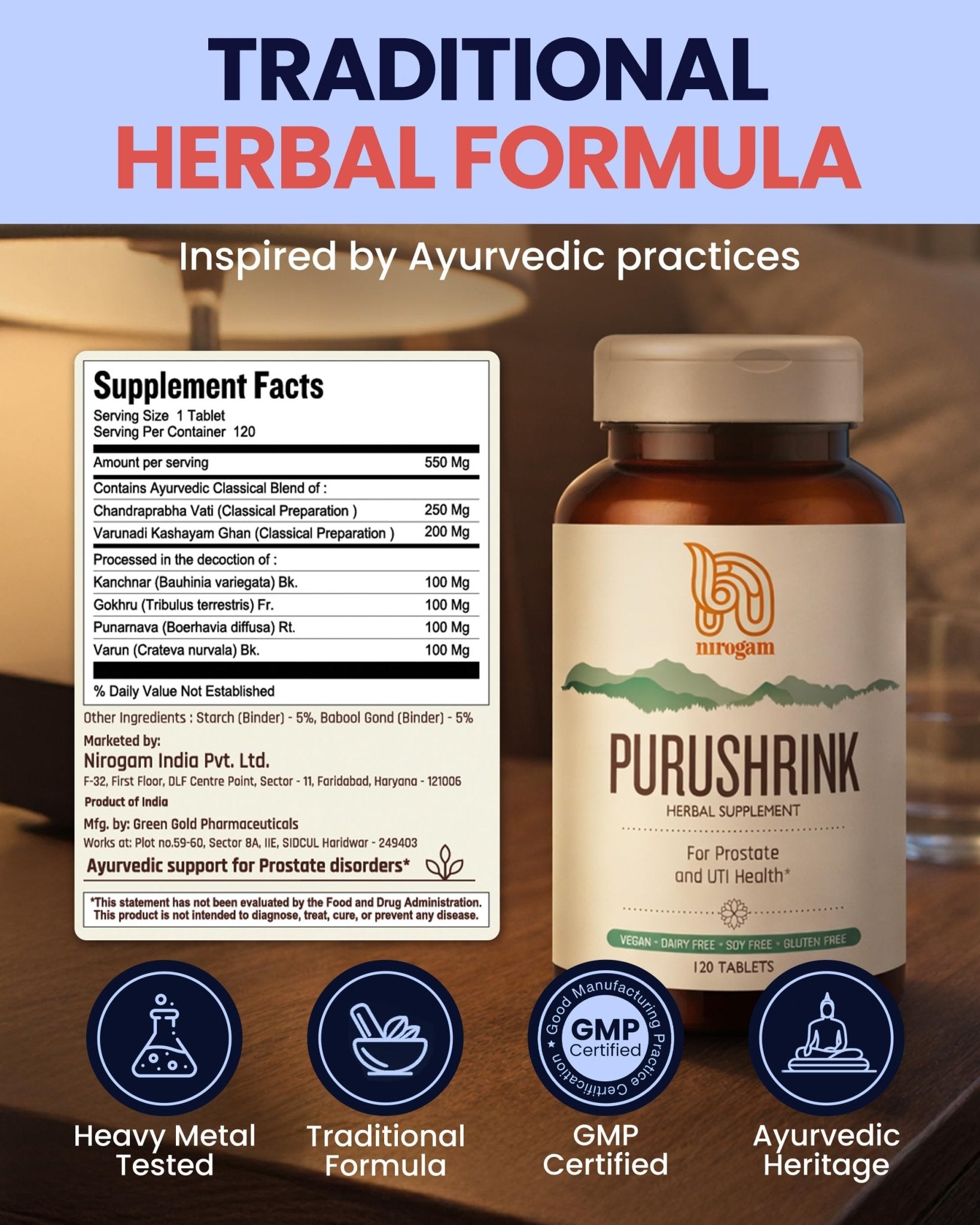 Nirogam Purushrink - BPH Prostate Supplement for Men, Supports Better Sleep & Urinary Health - Natural Ayurvedic Herbal Supplement 120 Tablets - Vegan, Dairy Free, Gluten Free - TrustMedUSA