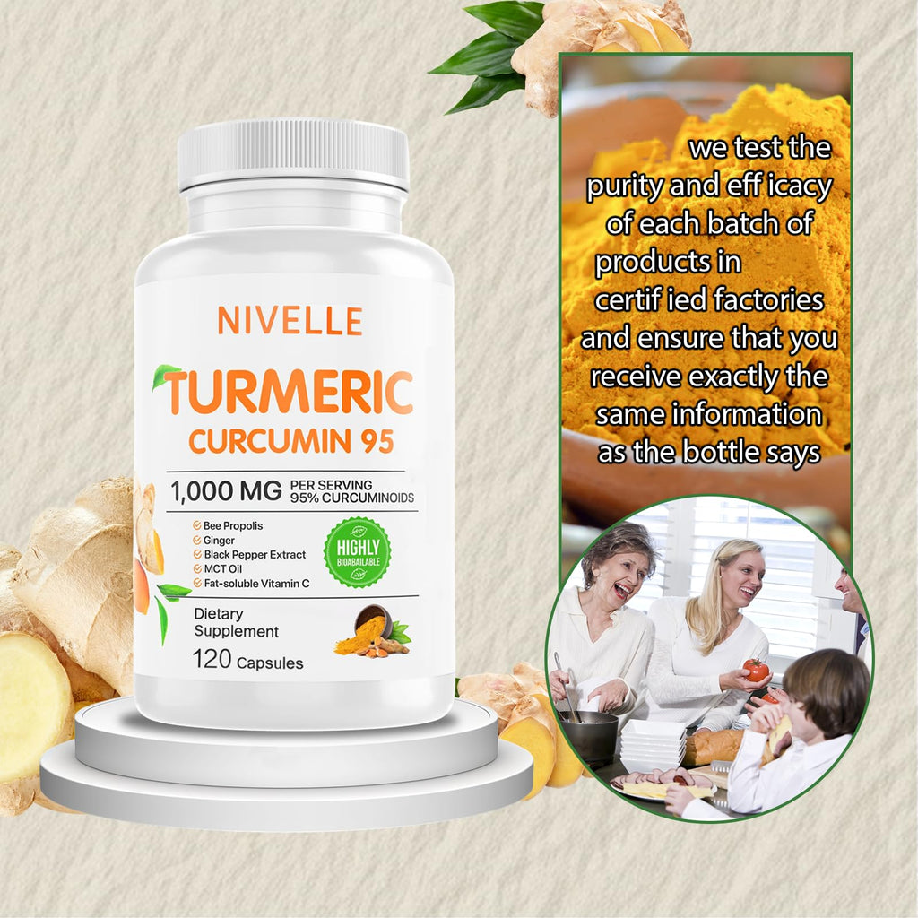 NIVELLE Turmeric Curcumin | Pure Turmeric Curcumin Supplement 1000mg | 95% Curcuminoids with Bee Propolis, Ginger, MCT Oil, Fat Soluble Vitamin C, & Black Pepper | 120 Capsules (1) - TrustMedUSA