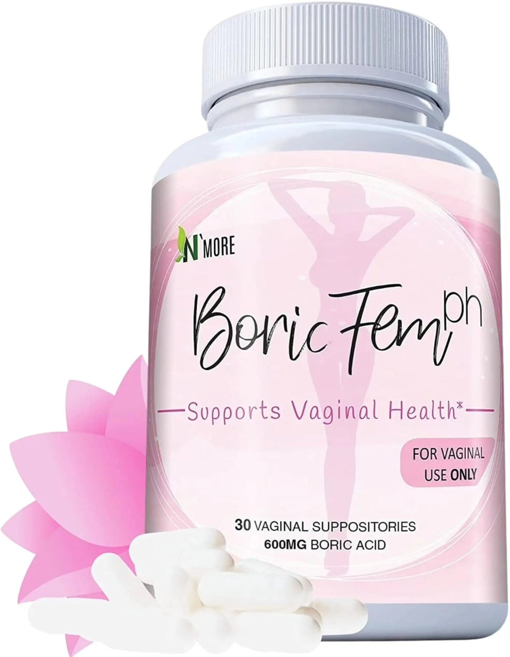 N'More Boric Acid Vaginal Suppositories- 100% Pure - Made in USA- Boricfem Vaginal Health Supplement- 30 Servings (Pack of 1) - TrustMedUSA