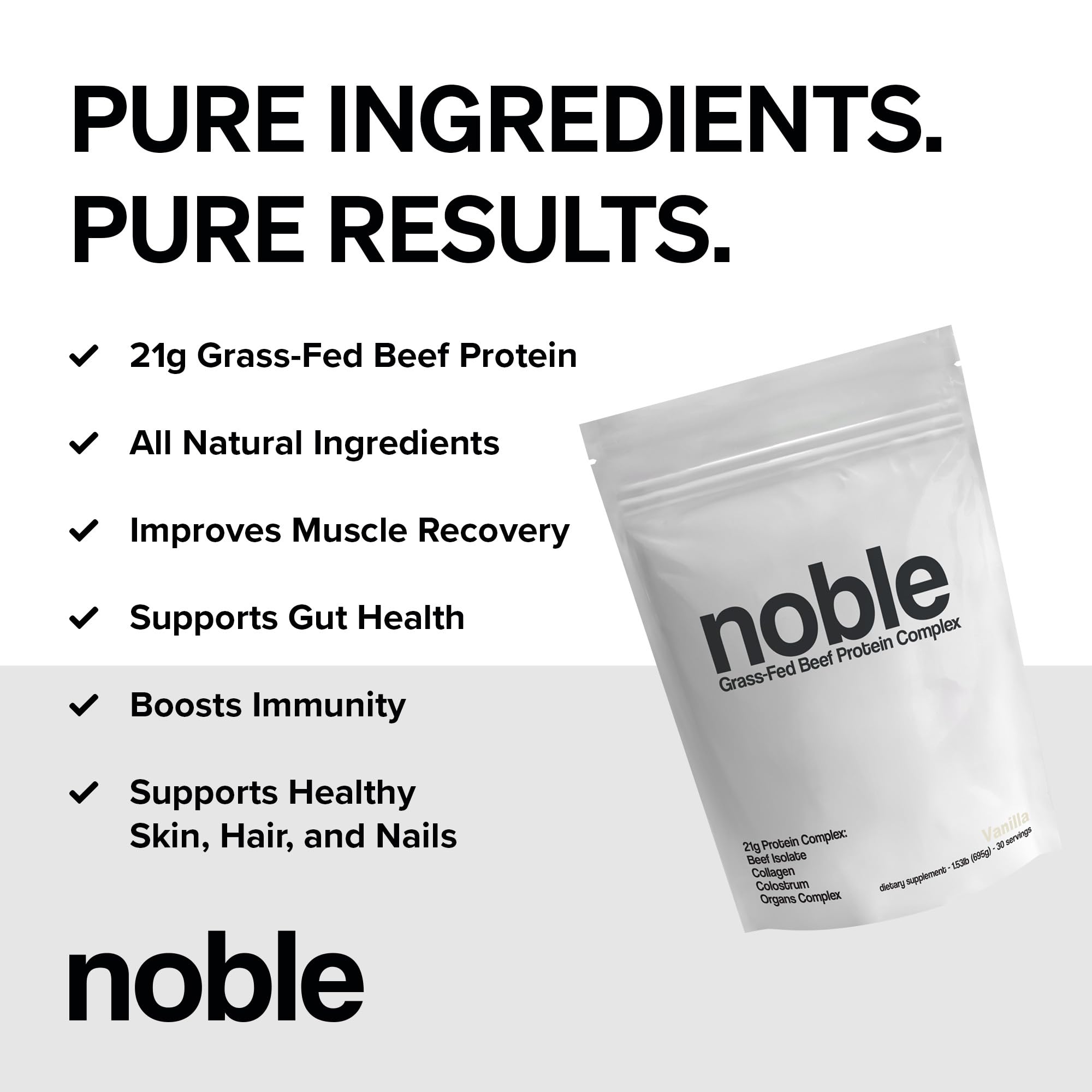 Noble Grass Fed Beef Protein Powder | Beef Protein w/Collagen, Colostrum, Organ Blend | Carnivore, Keto Friendly | Whey, Gluten Free | Muscle, Gut Health, Skin, Joint Support | 30 Servings, Vanilla - TrustMedUSA