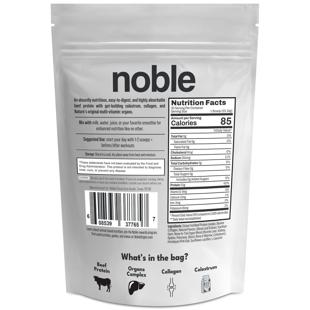 Noble Grass Fed Beef Protein Powder | Beef Protein w/Collagen, Colostrum, Organ Blend | Carnivore, Keto Friendly | Whey, Gluten Free | Muscle, Gut Health, Skin, Joint Support | 30 Servings, Vanilla - TrustMedUSA