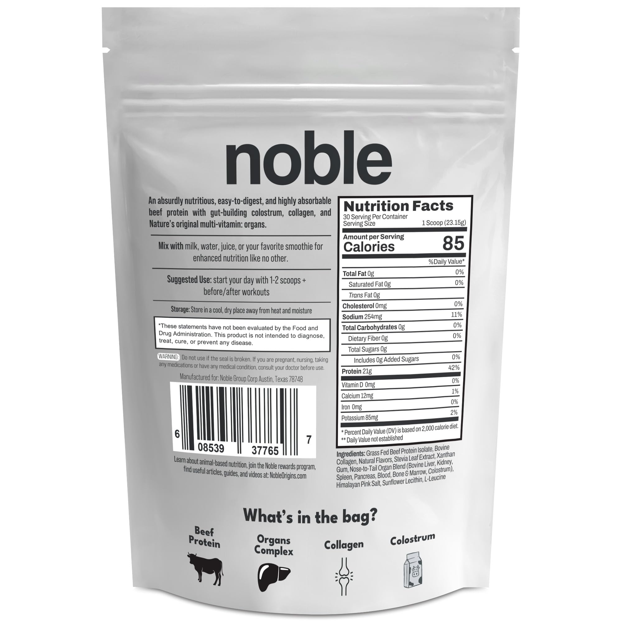 Noble Grass Fed Beef Protein Powder | Beef Protein w/Collagen, Colostrum, Organ Blend | Carnivore, Keto Friendly | Whey, Gluten Free | Muscle, Gut Health, Skin, Joint Support | 30 Servings, Vanilla - TrustMedUSA