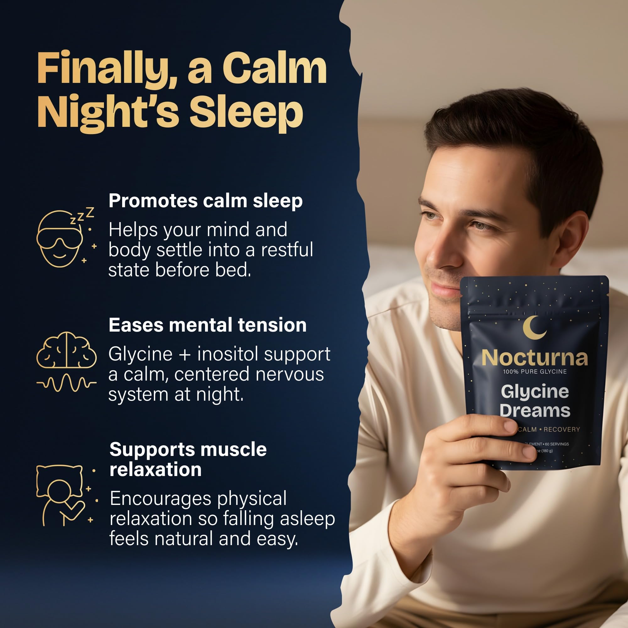 Nocturna Glycine Supplement – 100% Pure 3g Glycine Powder for Sleep, Calm & Recovery – USA Made Sleep Aid for Men & Women – Non-GMO & Completely Natural - 6.3Oz for 60 Servings - TrustMedUSA