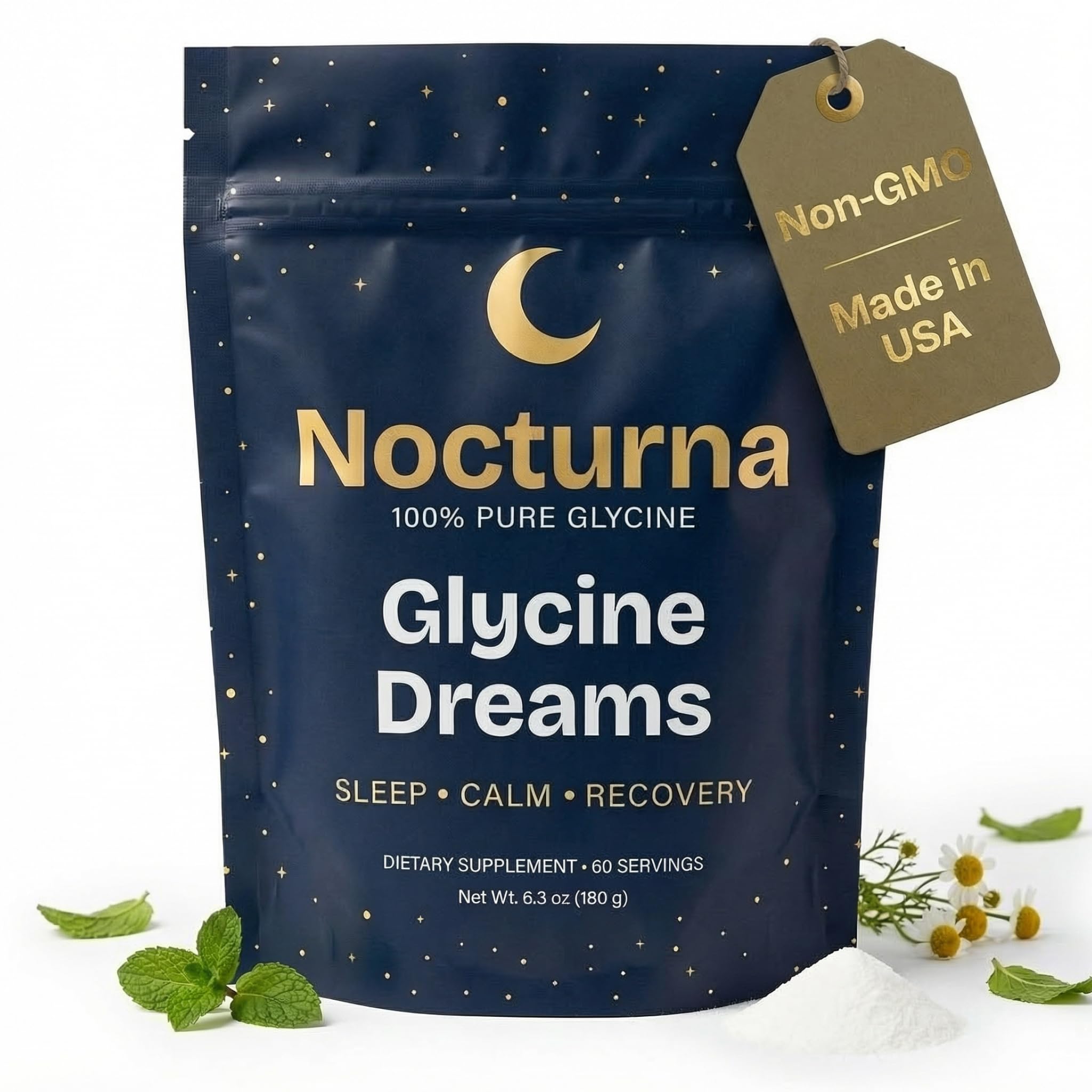 Nocturna Glycine Supplement – 100% Pure 3g Glycine Powder for Sleep, Calm & Recovery – USA Made Sleep Aid for Men & Women – Non-GMO & Completely Natural - 6.3Oz for 60 Servings - TrustMedUSA