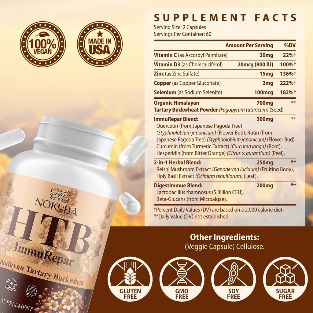 Nokuba Polyphenols Supplement for Immune Support | Himalayan Tartary Buckwheat Sourced | Polyphenol Superfood with Quercetin, Curcumin | Immune Booster, Antioxidant, Anti-inflammatory - 120 Capsules - TrustMedUSA