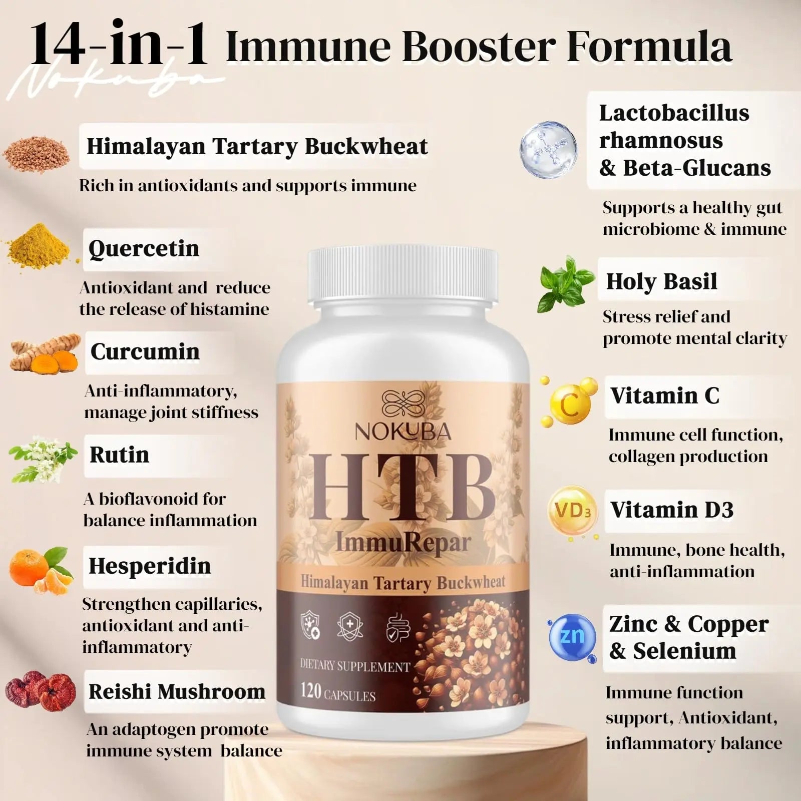 Nokuba Polyphenols Supplement for Immune Support | Himalayan Tartary Buckwheat Sourced | Polyphenol Superfood with Quercetin, Curcumin | Immune Booster, Antioxidant, Anti-inflammatory - 120 Capsules - TrustMedUSA