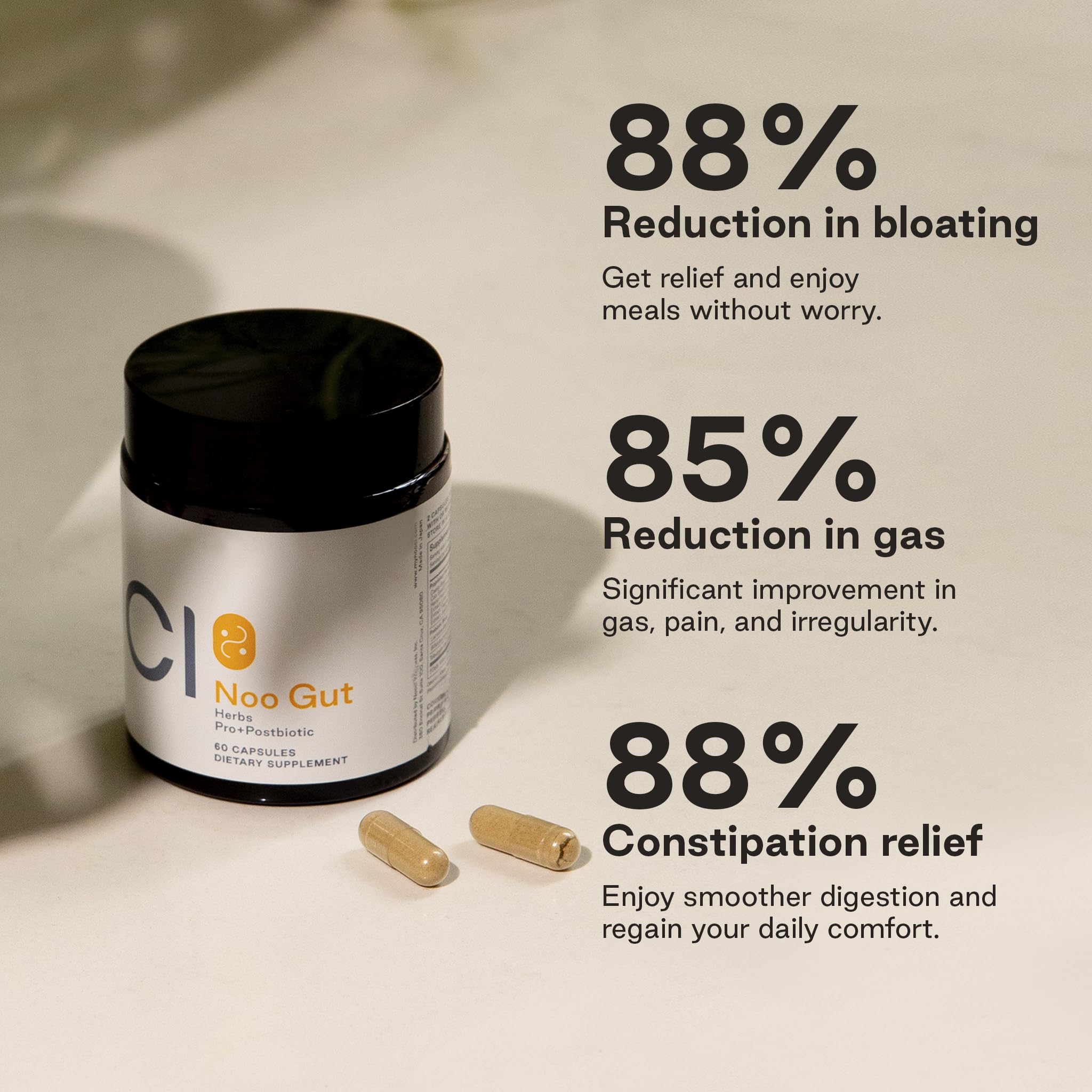 NOOCI NOO Gut, Gut + Skin: 3-in-1 Gut Health Supplement with Herbs, Probiotic & Postbiotic, Digestive Support for Bloating & Constipation, 60 Vegan Capsules - TrustMedUSA