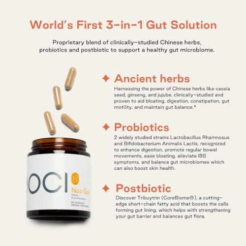 NOOCI NOO Gut, Gut + Skin: 3-in-1 Gut Health Supplement with Herbs, Probiotic & Postbiotic, Digestive Support for Bloating & Constipation, 60 Vegan Capsules - TrustMedUSA