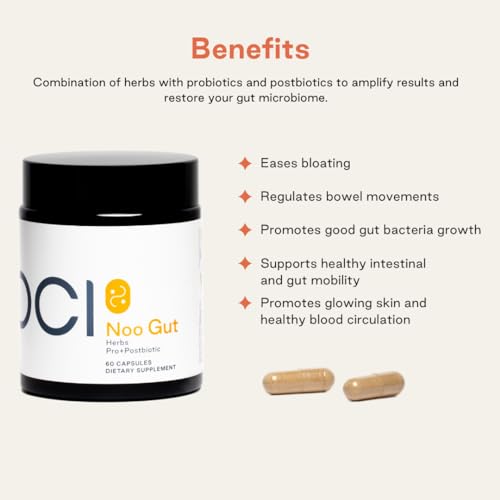 NOOCI NOO Gut, Gut + Skin: 3-in-1 Gut Health Supplement with Herbs, Probiotic & Postbiotic, Digestive Support for Bloating & Constipation, 60 Vegan Capsules - TrustMedUSA