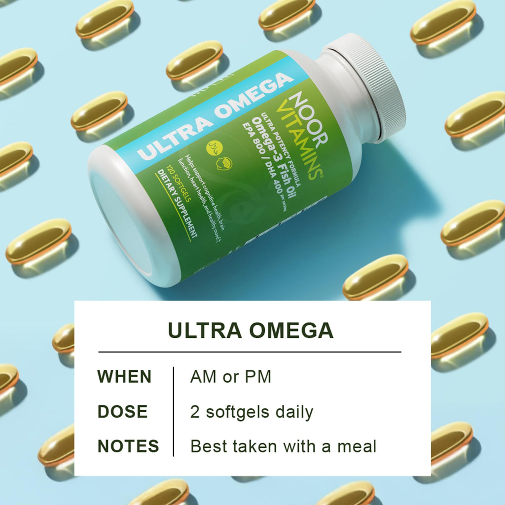 Noor Vitamins Halal Fish Oil, Halal Vitamins, Ultra Omega 3 Wild Peruvian Fish (800 mg EPA & 400 mg DHA) Heart, Brain & Joint Support, Non-GMO and Gluten Free (120 Count) - Maple Wellness Supplements