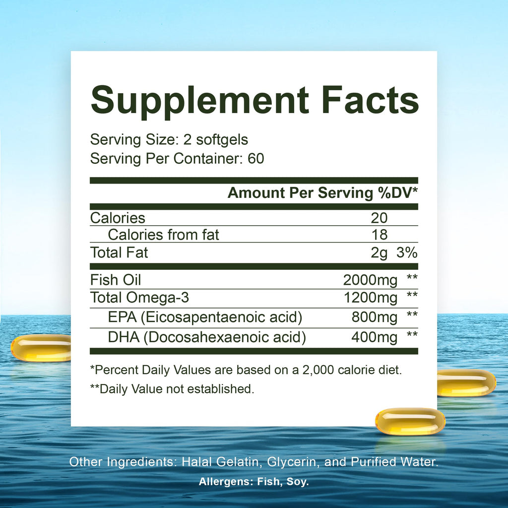 Noor Vitamins Halal Fish Oil, Halal Vitamins, Ultra Omega 3 Wild Peruvian Fish (800 mg EPA & 400 mg DHA) Heart, Brain & Joint Support, Non-GMO and Gluten Free (120 Count) - Maple Wellness Supplements