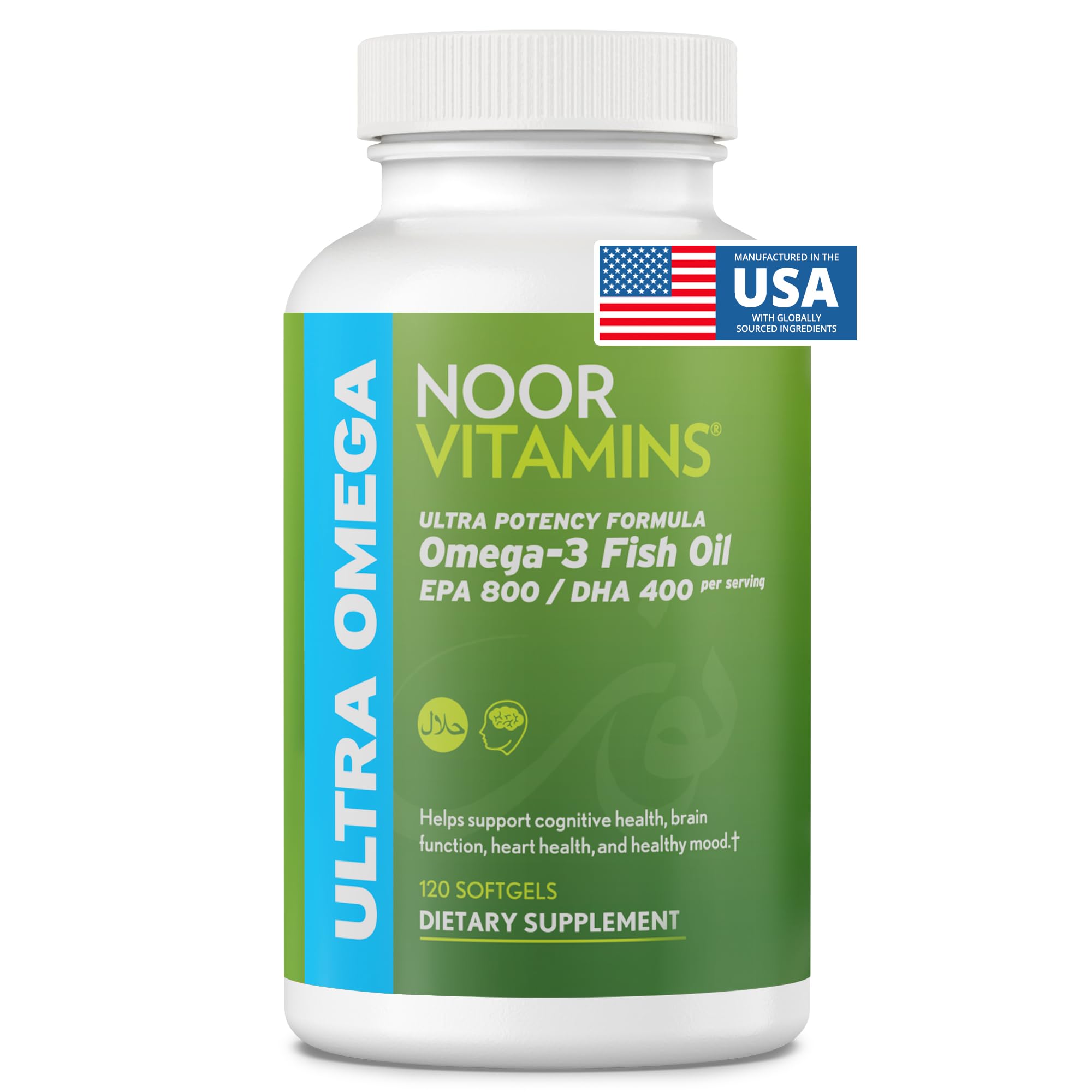 Noor Vitamins Halal Fish Oil, Halal Vitamins, Ultra Omega 3 Wild Peruvian Fish (800 mg EPA & 400 mg DHA) Heart, Brain & Joint Support, Non-GMO and Gluten Free (120 Count) - Maple Wellness Supplements