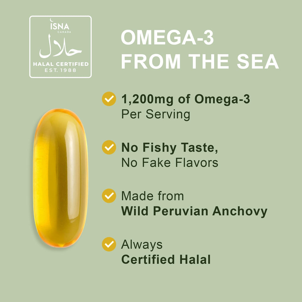 Noor Vitamins Halal Fish Oil, Halal Vitamins, Ultra Omega 3 Wild Peruvian Fish (800 mg EPA & 400 mg DHA) Heart, Brain & Joint Support, Non-GMO and Gluten Free (120 Count) - Maple Wellness Supplements