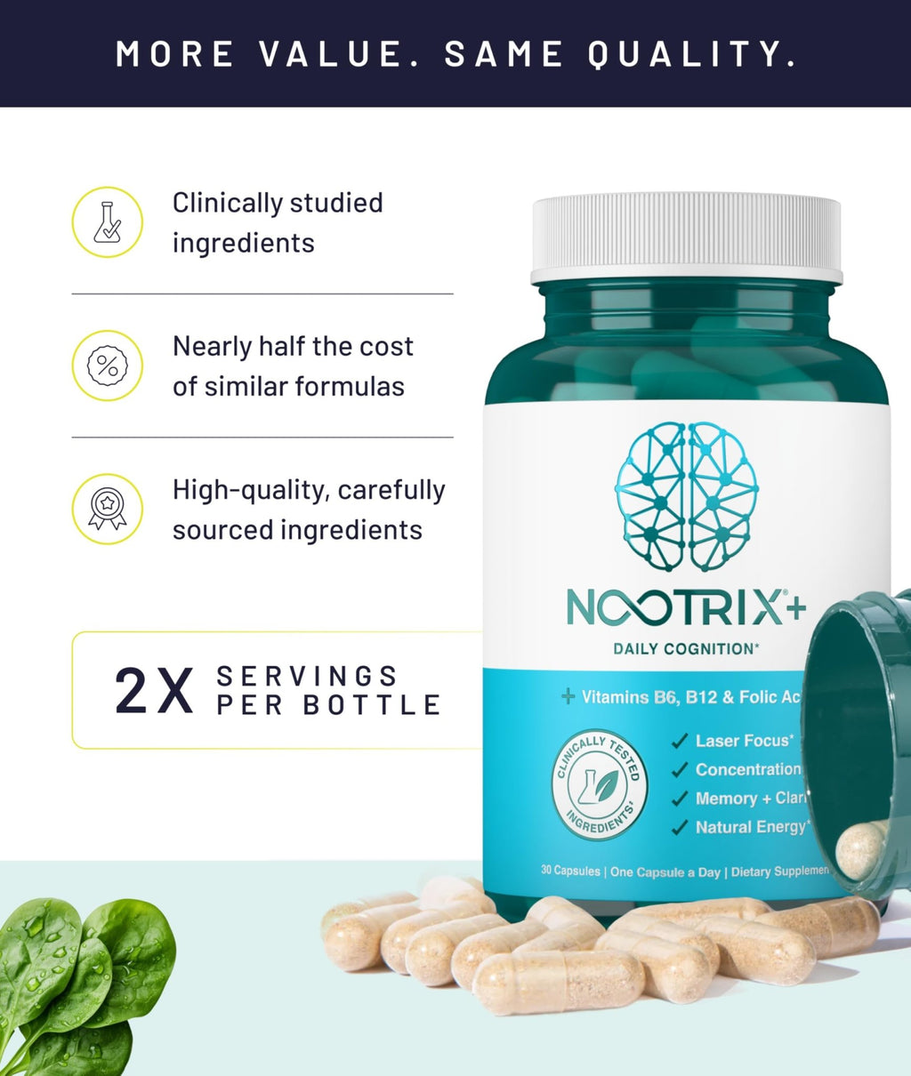 Nootrix Brain Plus Nootropic Supplement | Supports Memory, Mental Focus, Cognitive Health & Energy | Promotes Healthy Mood & Brain Function | Vitamin B1, Vitamin B6 & Vitamin B12 | 30 Capsules - TrustMedUSA