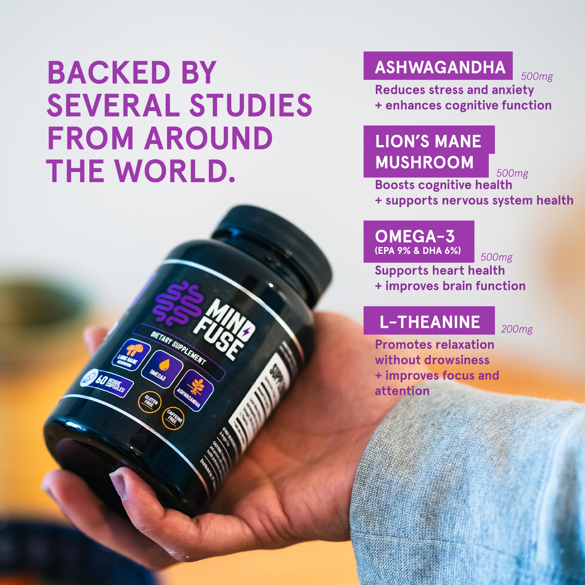 Nootropic Memory Booster Supplement for Adults - Lion’s Mane Capsules with Omega-3, Ashwagandha & L-Theanine for Focus & Memory - Gluten-Free 60 Capsules - TrustMedUSA