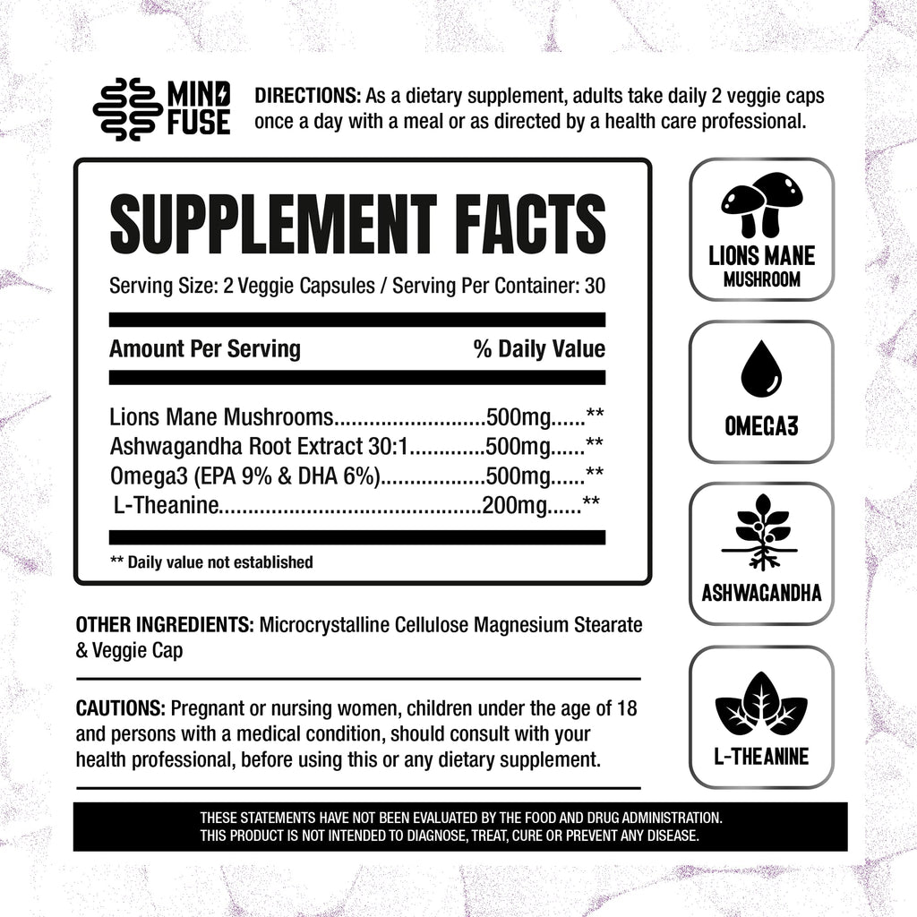 Nootropic Memory Booster Supplement for Adults - Lion’s Mane Capsules with Omega-3, Ashwagandha & L-Theanine for Focus & Memory - Gluten-Free 60 Capsules - TrustMedUSA