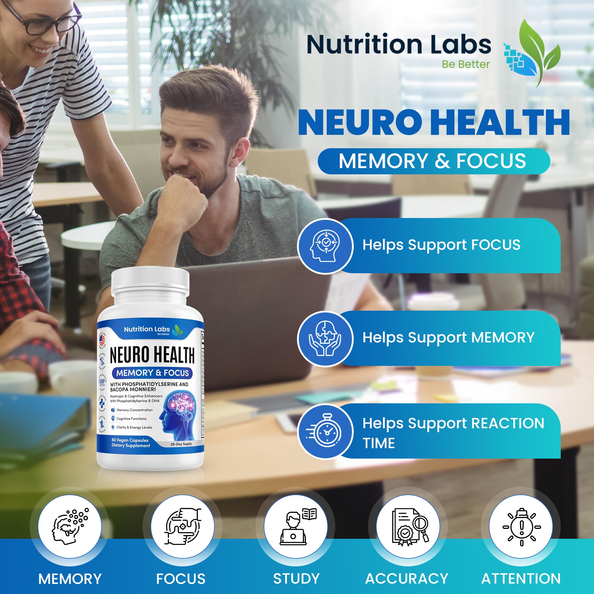 Nootropic & Neuro Brain Supplement for Memory & Focus Support. Clinically Tested Vitamins for Mental Support & Cognitive Clarity W/Bacopa Monnieri, VIT A, B6, Riboflavin, Niacin, Thiamin & Folate - TrustMedUSA
