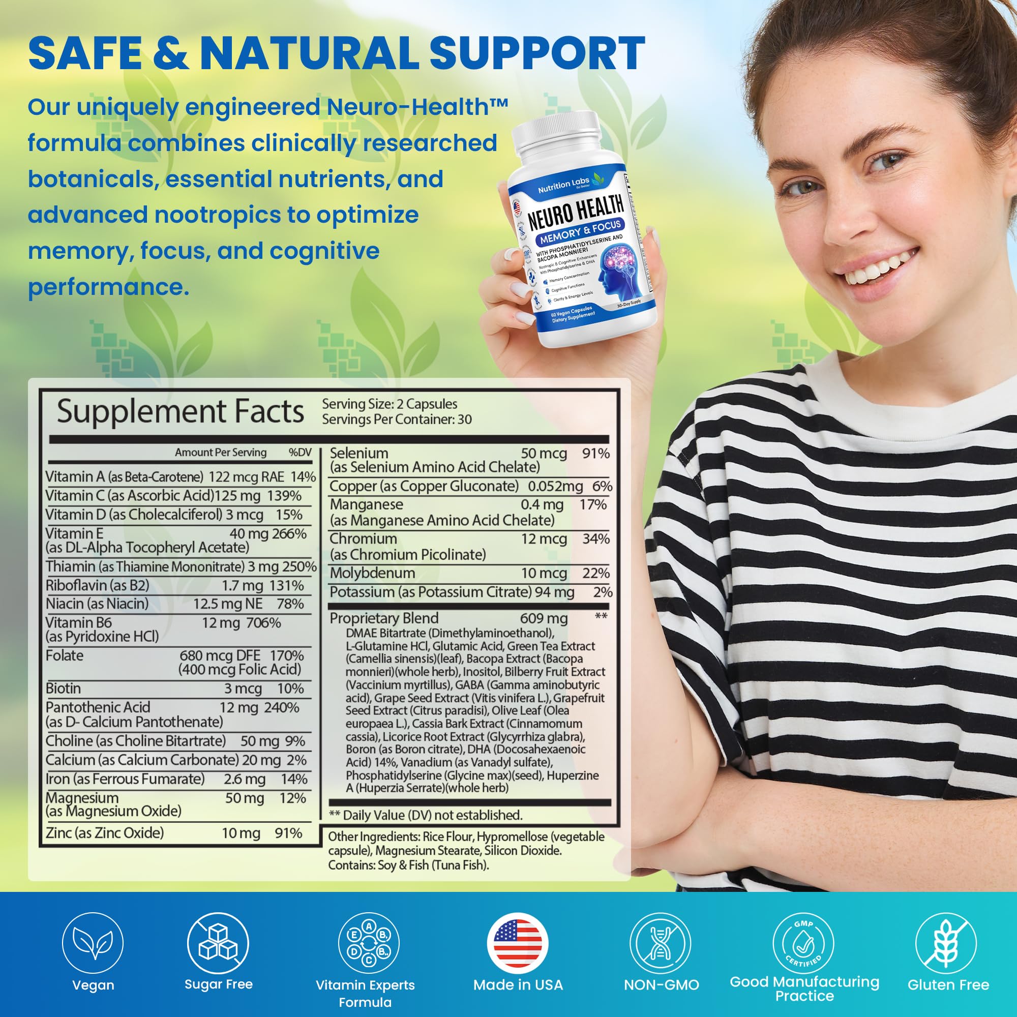 Nootropic & Neuro Brain Supplement for Memory & Focus Support. Clinically Tested Vitamins for Mental Support & Cognitive Clarity W/Bacopa Monnieri, VIT A, B6, Riboflavin, Niacin, Thiamin & Folate - TrustMedUSA
