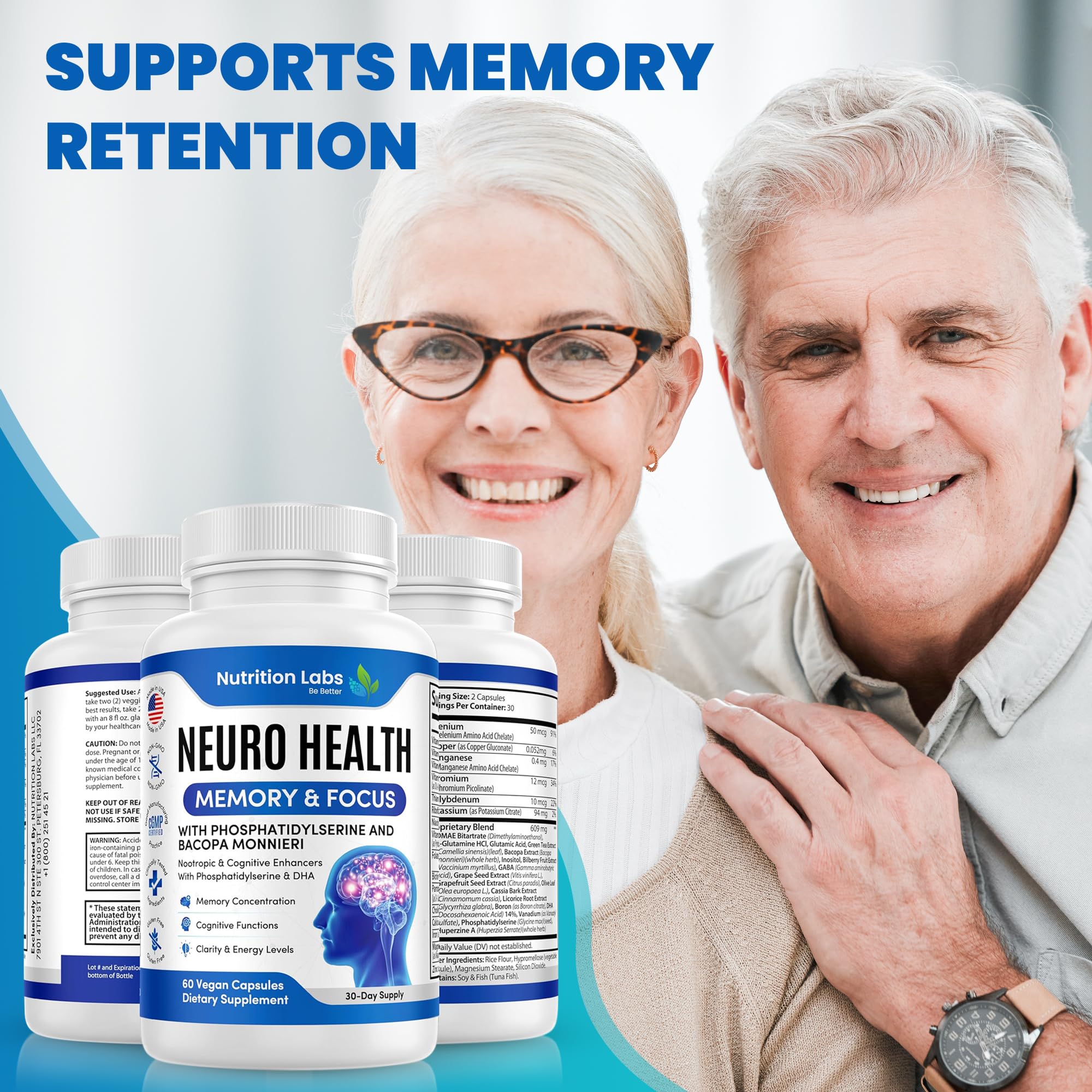 Nootropic & Neuro Brain Supplement for Memory & Focus Support. Clinically Tested Vitamins for Mental Support & Cognitive Clarity W/Bacopa Monnieri, VIT A, B6, Riboflavin, Niacin, Thiamin & Folate - TrustMedUSA