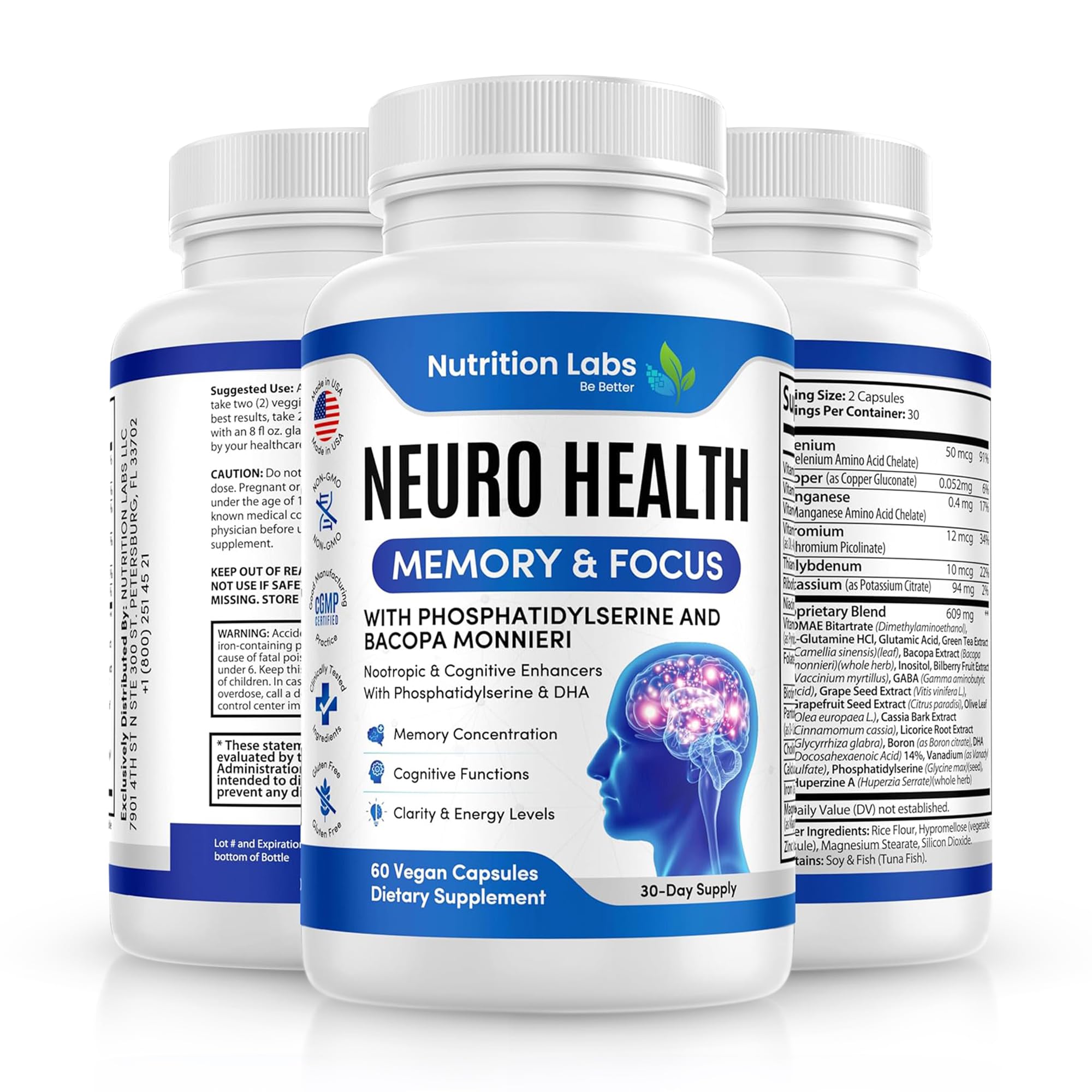 Nootropic & Neuro Brain Supplement for Memory & Focus Support. Clinically Tested Vitamins for Mental Support & Cognitive Clarity W/Bacopa Monnieri, VIT A, B6, Riboflavin, Niacin, Thiamin & Folate - TrustMedUSA